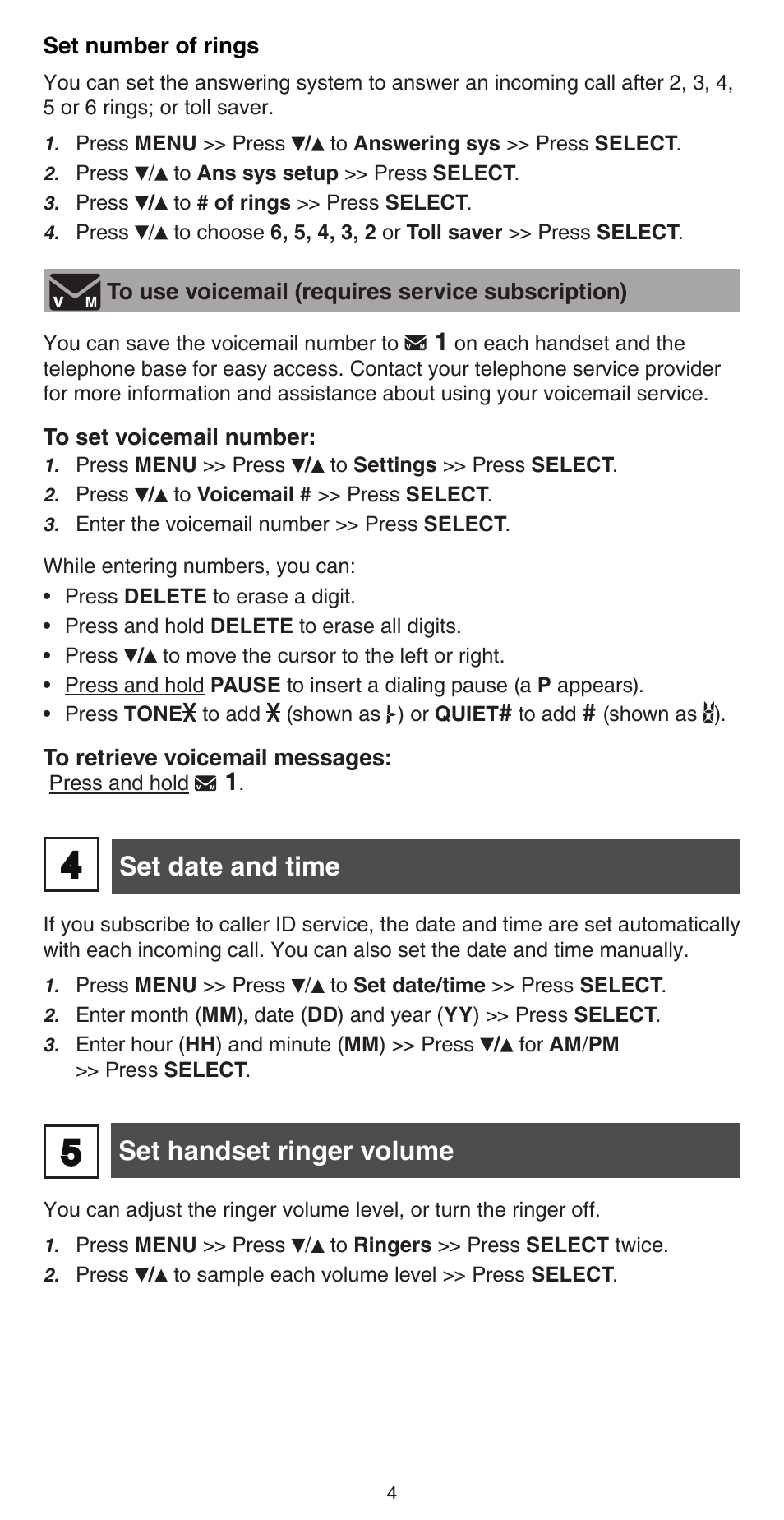 Set date and time, Set handset ringer volume | VTech CS6759_-3 Abridged manual User Manual | Page 4 / 12