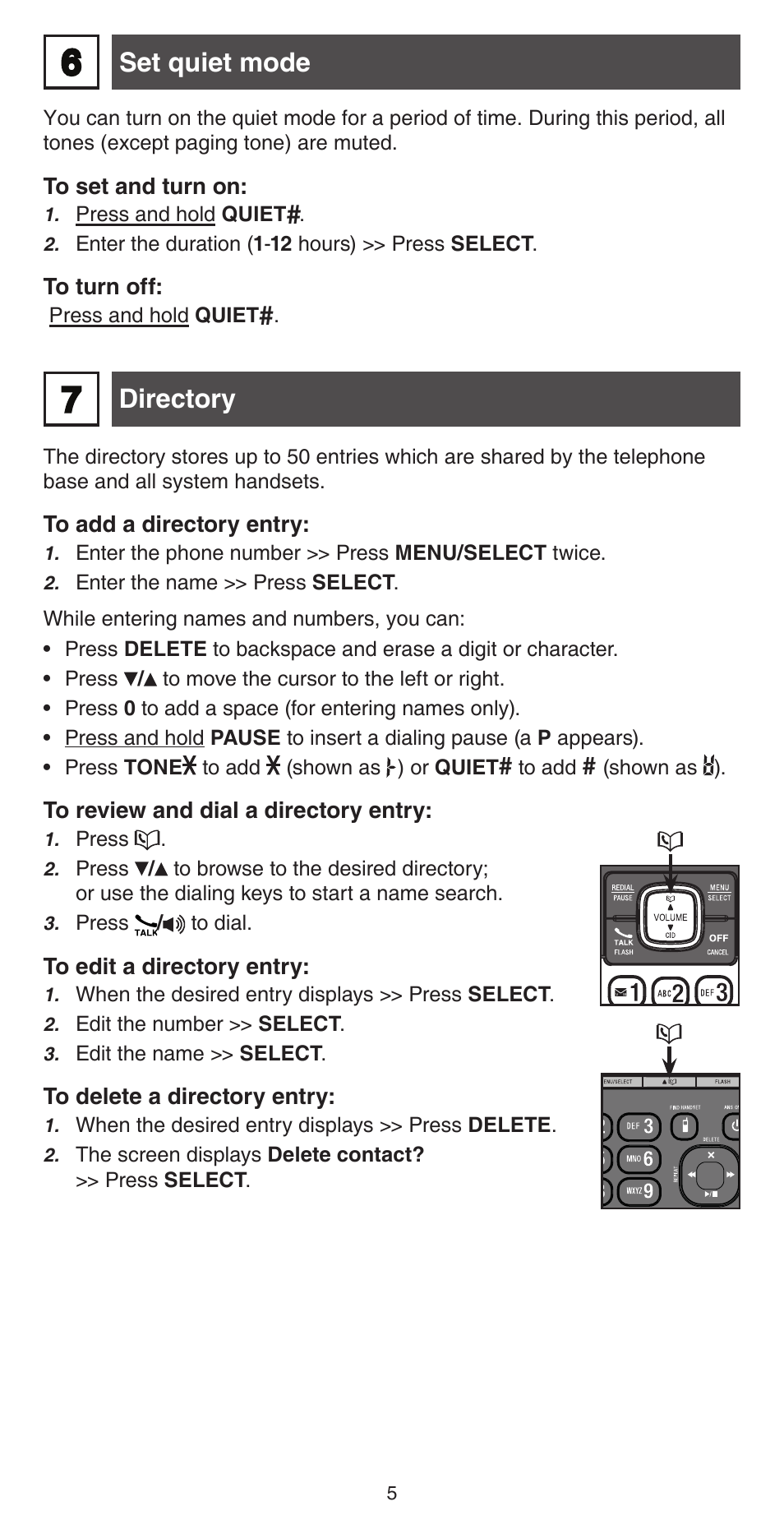 Directory, Set quiet mode | VTech CS6759_-3 Abridged manual User Manual | Page 5 / 12