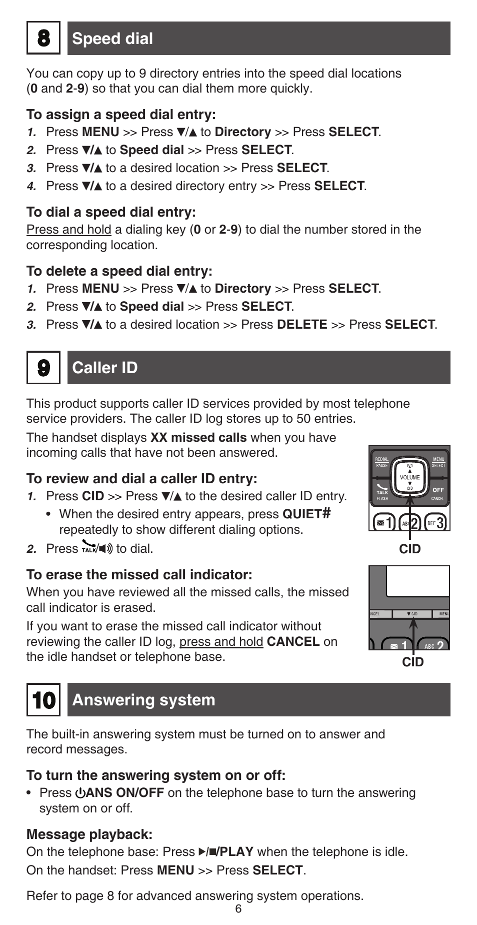 Caller id answering system, Speed dial | VTech CS6759_-3 Abridged manual User Manual | Page 6 / 12