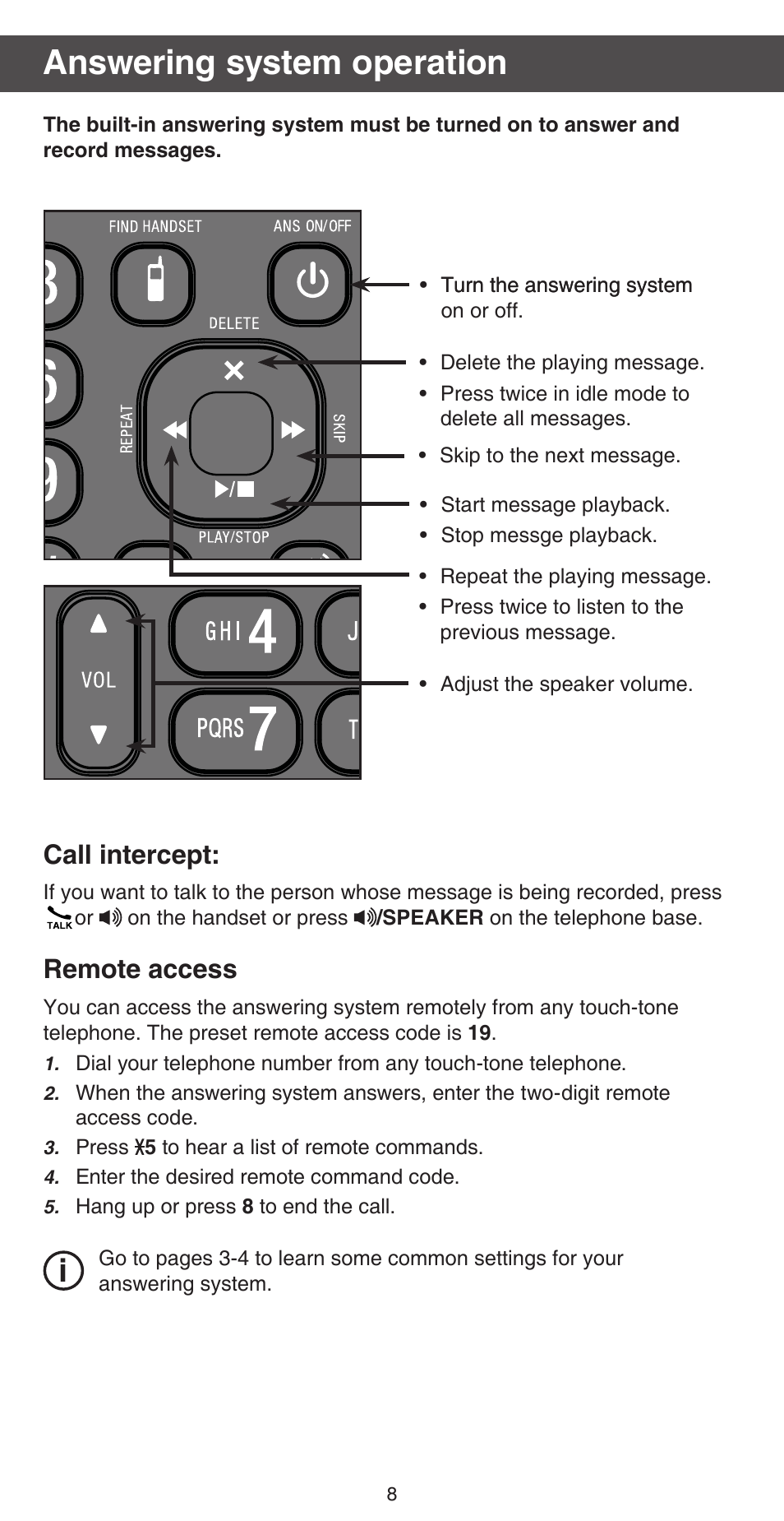 Answering system operation, Call intercept, Remote access | VTech CS6759_-3 Abridged manual User Manual | Page 8 / 12