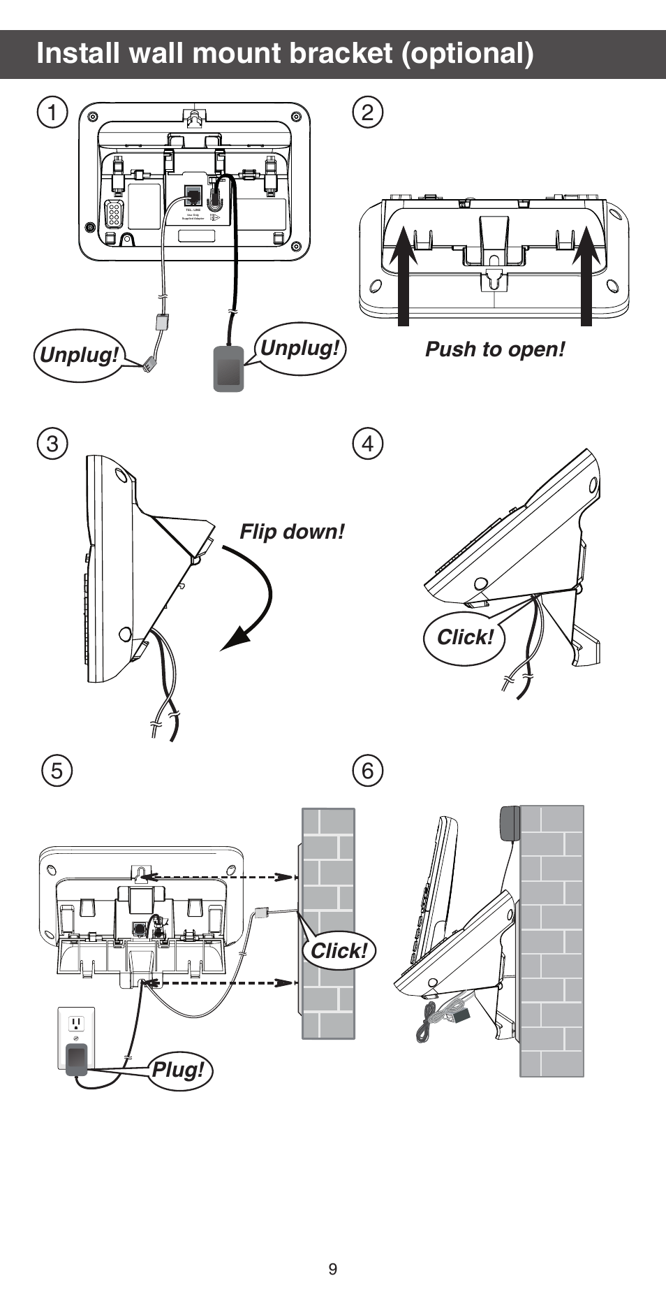 Install wall mount bracket (optional), Flip down! push to open! plug, Click | Click! unplug! unplug | VTech CS6759_-3 Abridged manual User Manual | Page 9 / 12
