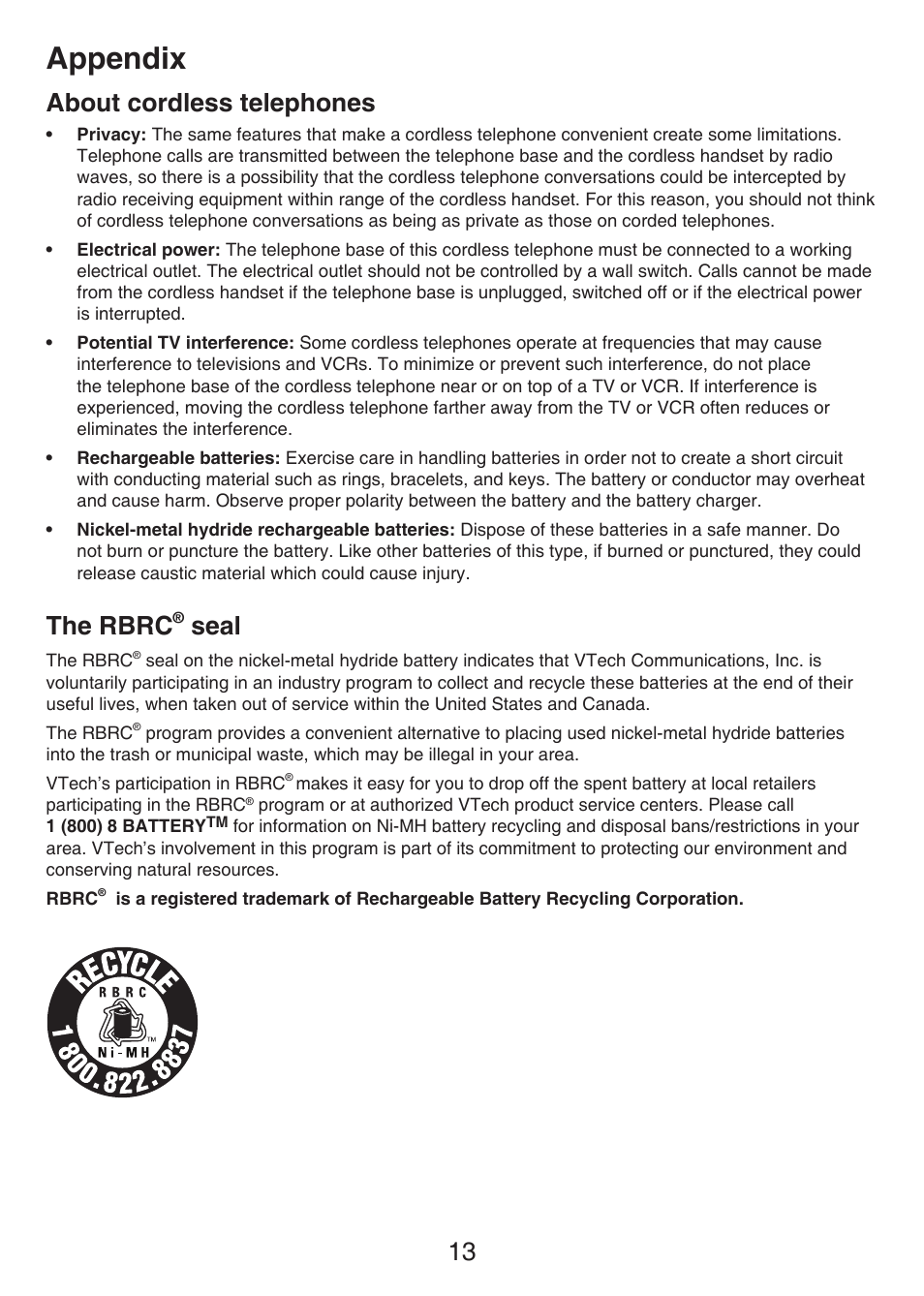 Appendix, 13 about cordless telephones, The rbrc | Seal | VTech LS6405 Manual User Manual | Page 16 / 22