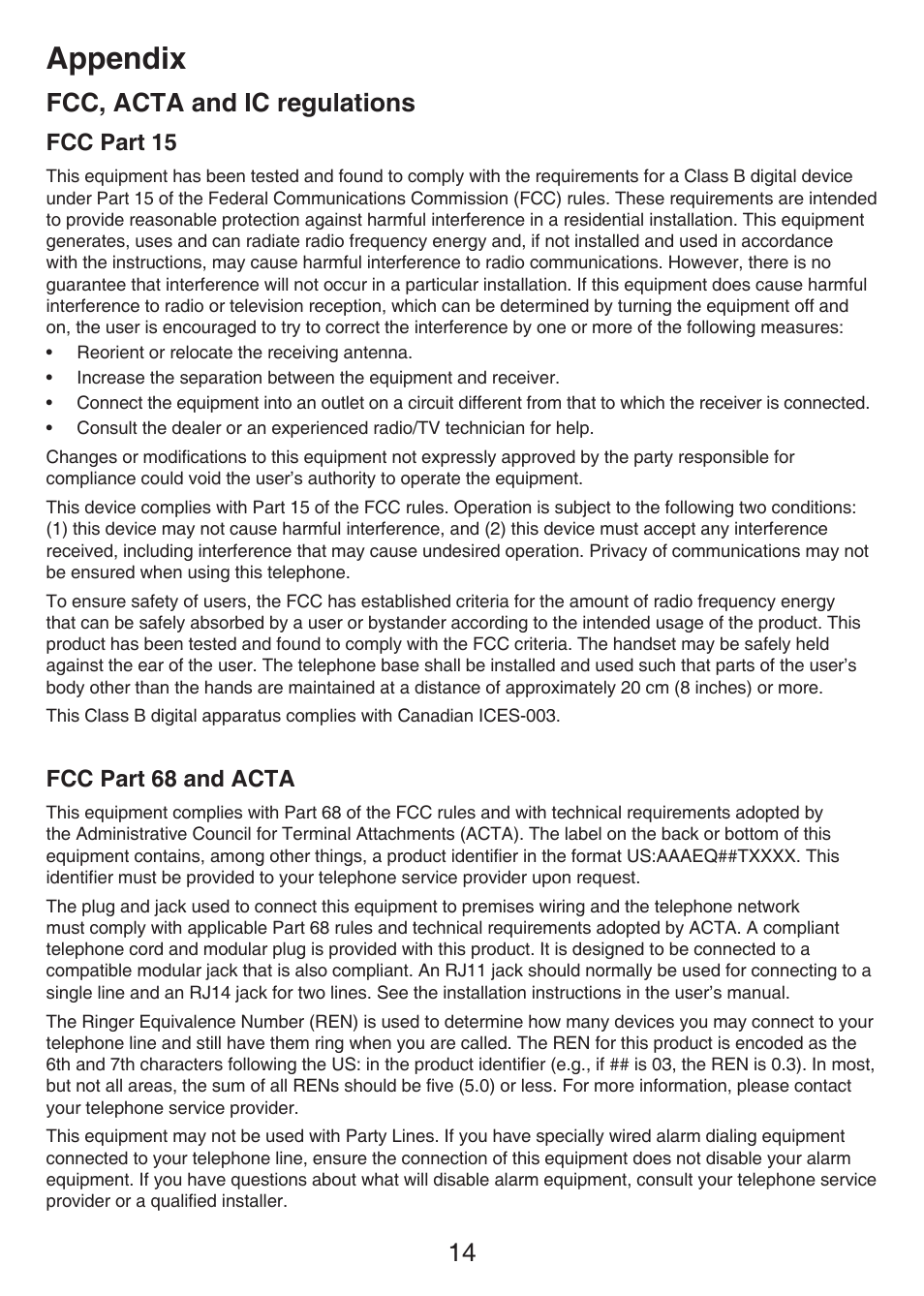 Appendix, 14 fcc, acta and ic regulations, Fcc part 15 | Fcc part 68 and acta | VTech LS6405 Manual User Manual | Page 17 / 22