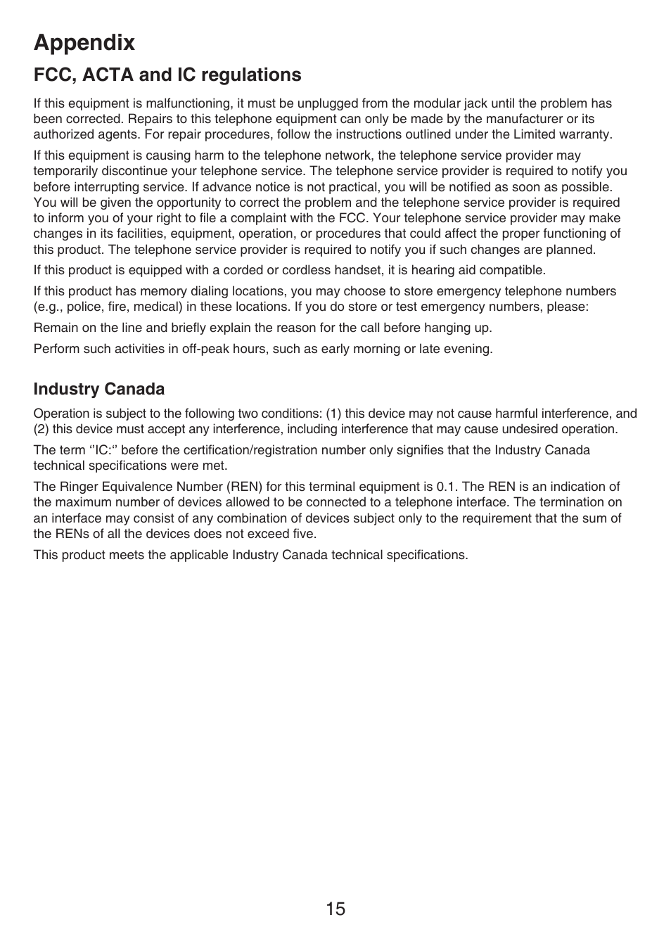 Appendix, Fcc, acta and ic regulations | VTech LS6405 Manual User Manual | Page 18 / 22