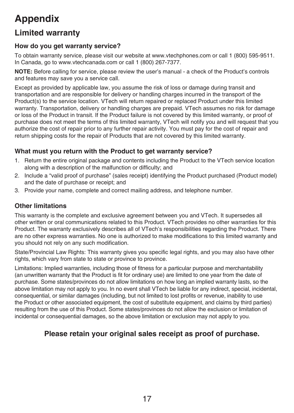 Appendix, Limited warranty | VTech LS6405 Manual User Manual | Page 20 / 22