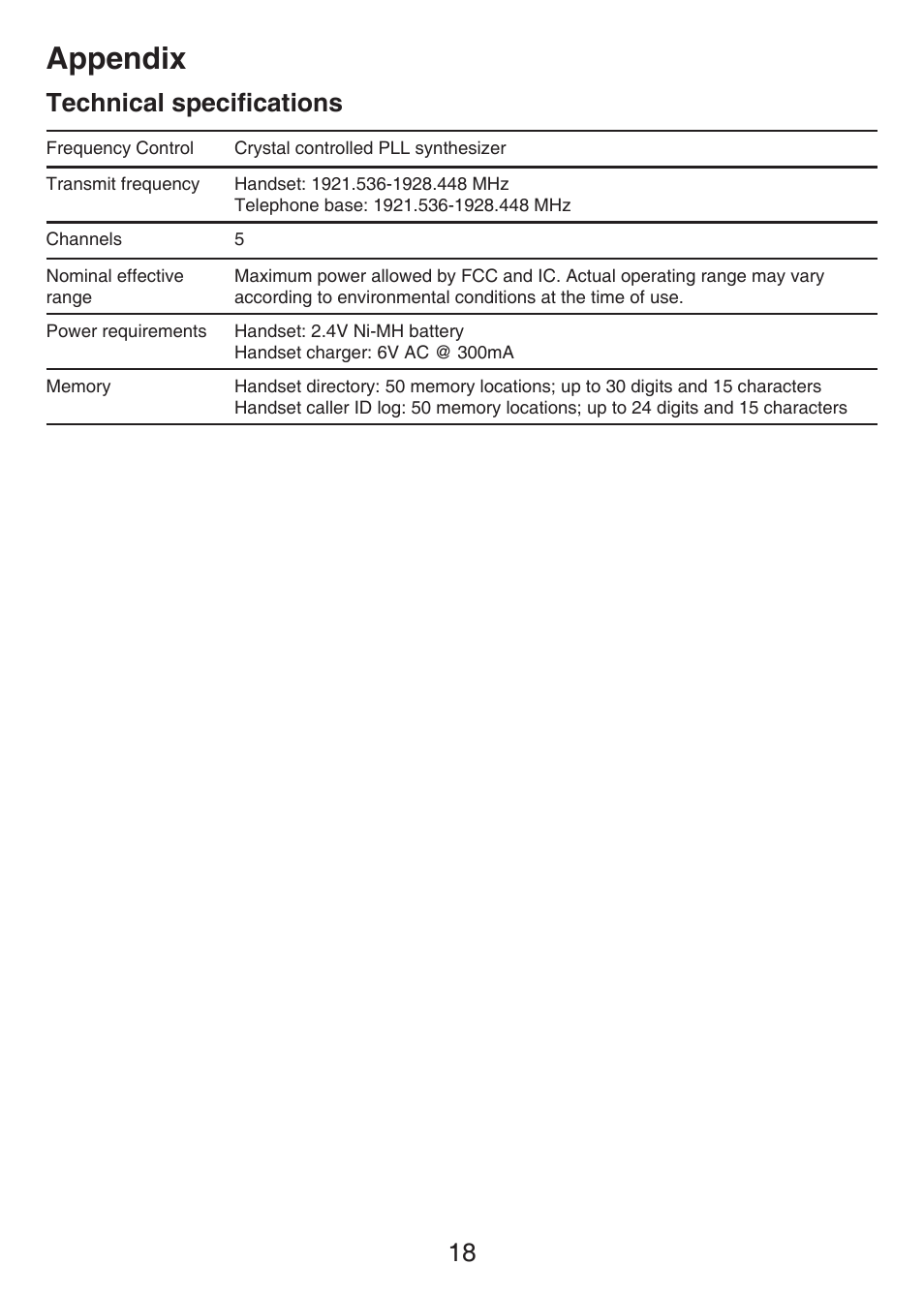 Appendix, 18 technical specifications | VTech LS6405 Manual User Manual | Page 21 / 22