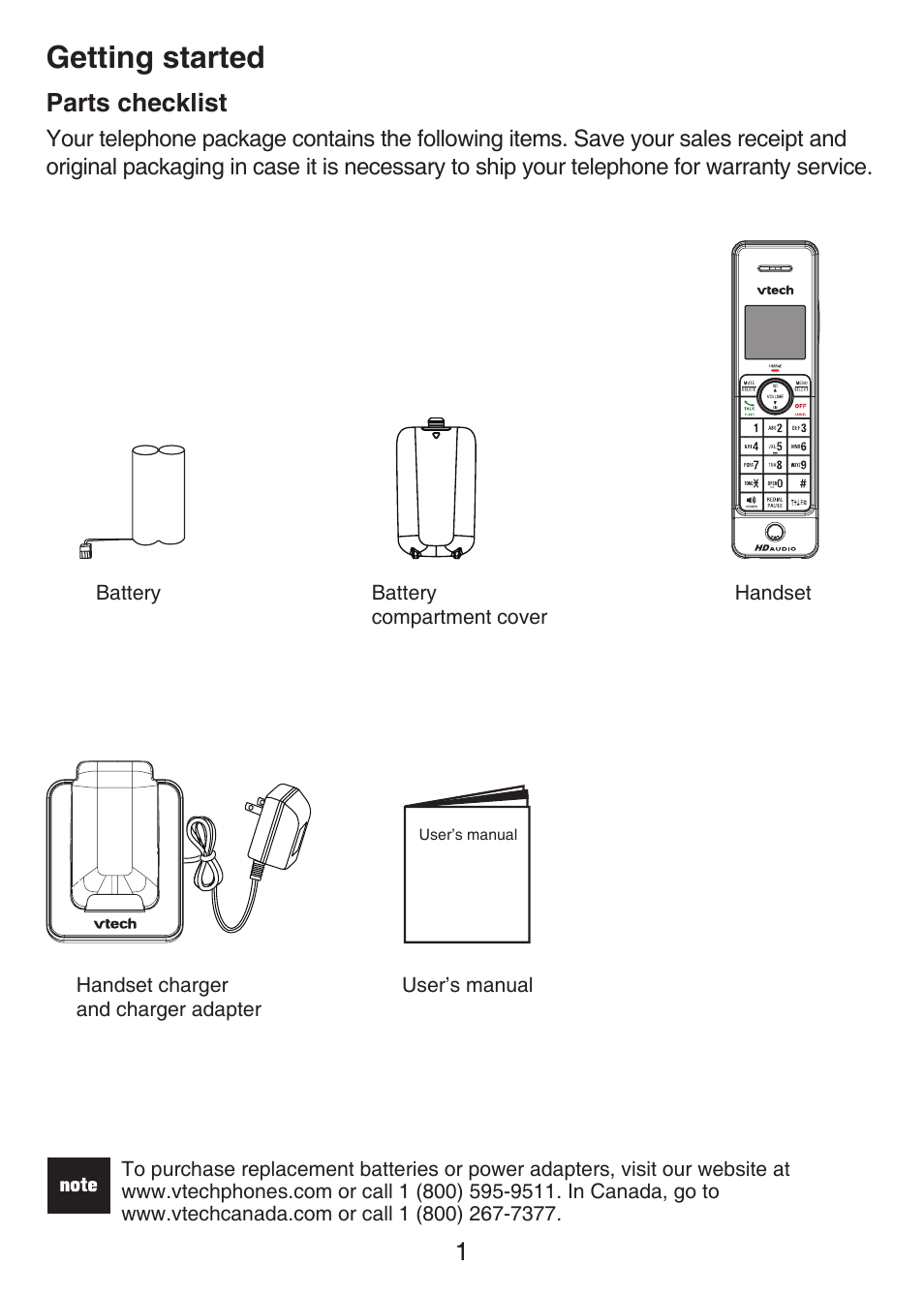 Getting started, 1parts checklist | VTech LS6405 Manual User Manual | Page 4 / 22