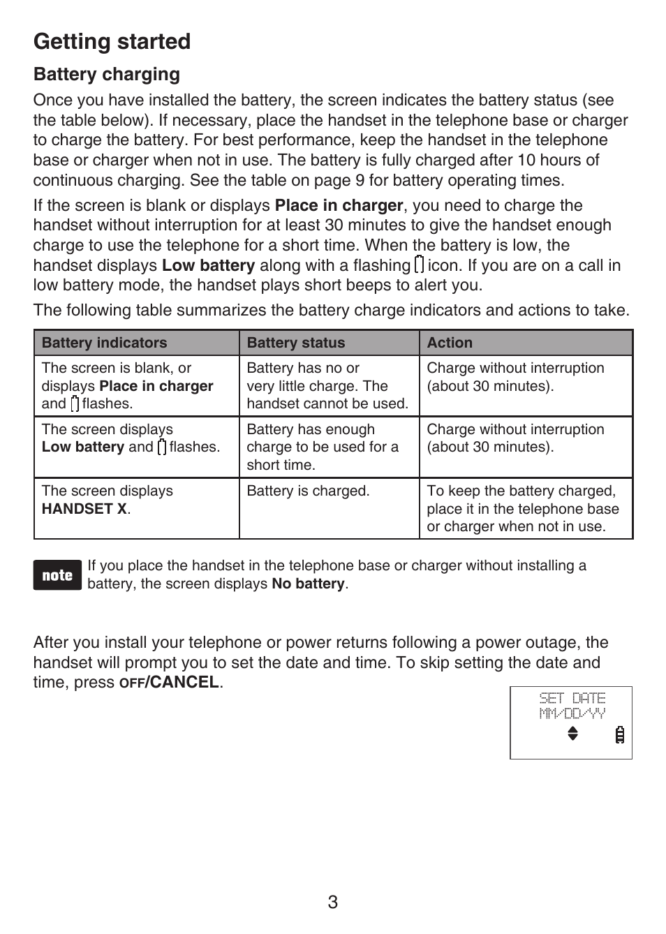 Getting started, 3battery charging | VTech LS6405 Manual User Manual | Page 6 / 22