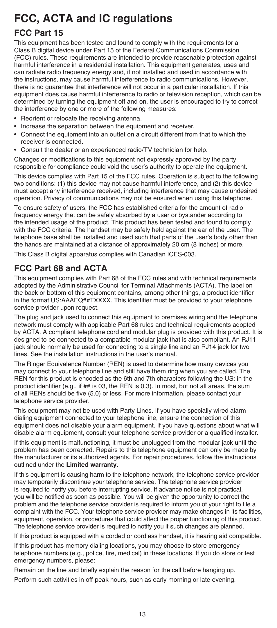 Fcc, acta and ic regulations, Fcc part 15, Fcc part 68 and acta | VTech SN6107 Manual User Manual | Page 13 / 14