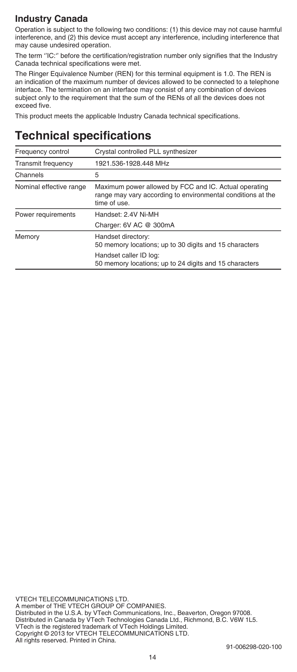 Technical specifications, Industry canada | VTech SN6107 Manual User Manual | Page 14 / 14