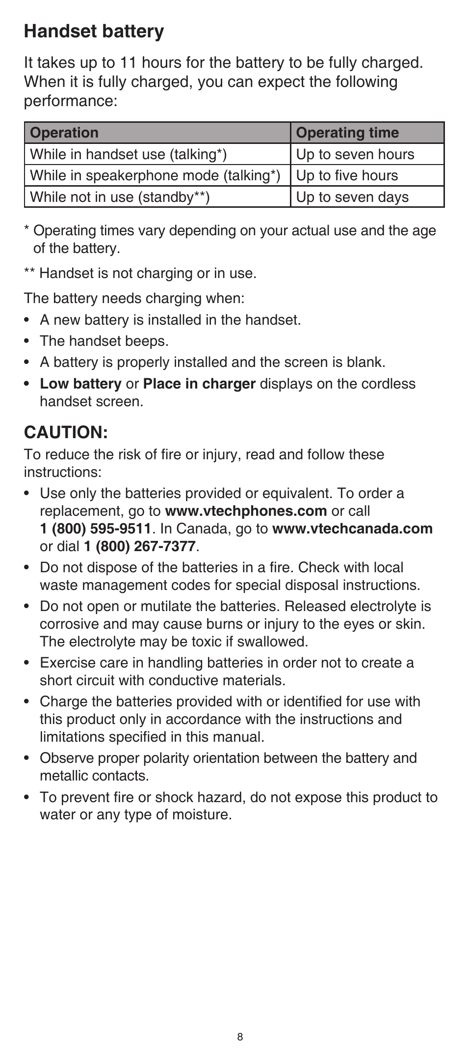 Handset battery, Caution | VTech SN6107 Manual User Manual | Page 8 / 14