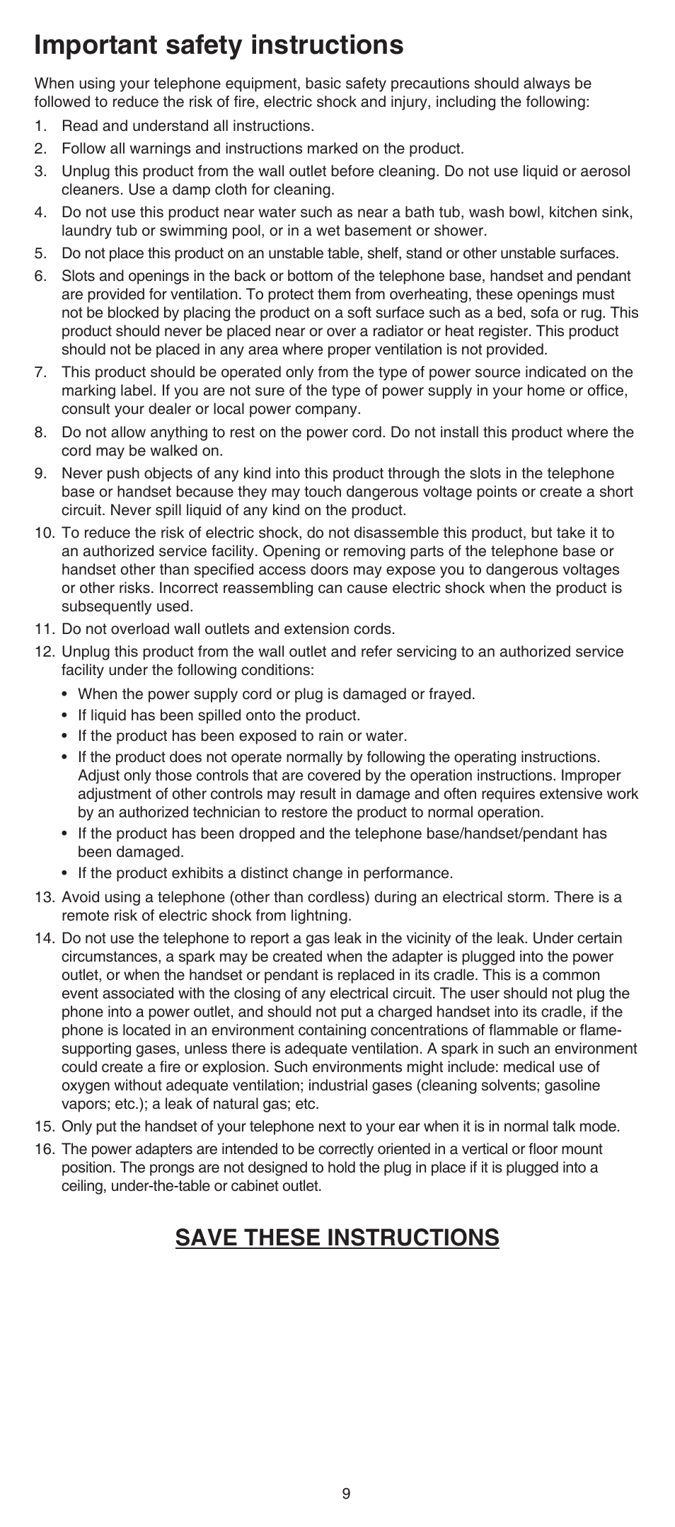 Important safety instructions, Save these instructions | VTech SN6107 Manual User Manual | Page 9 / 14