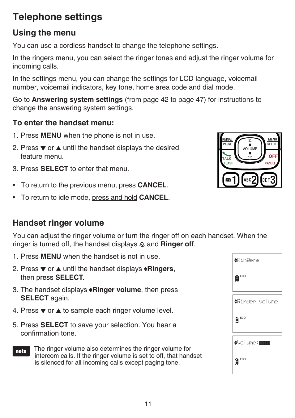 Telephone settings, Using the menu, Handset ringer volume | Using the menu handset ringer volume | VTech CS6529-4B Manual User Manual | Page 15 / 83