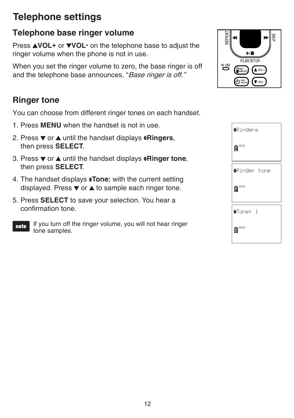Telephone base ringer volume, Ringer tone, Telephone base ringer volume ringer tone | Telephone settings | VTech CS6529-4B Manual User Manual | Page 16 / 83