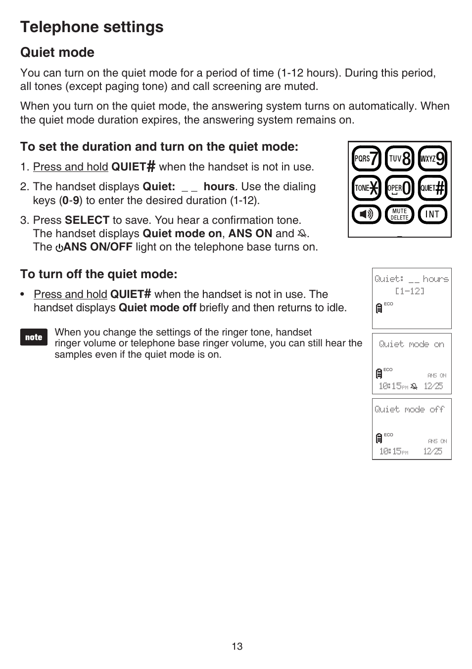 Quiet mode, Telephone settings, Press and hold quiet | VTech CS6529-4B Manual User Manual | Page 17 / 83