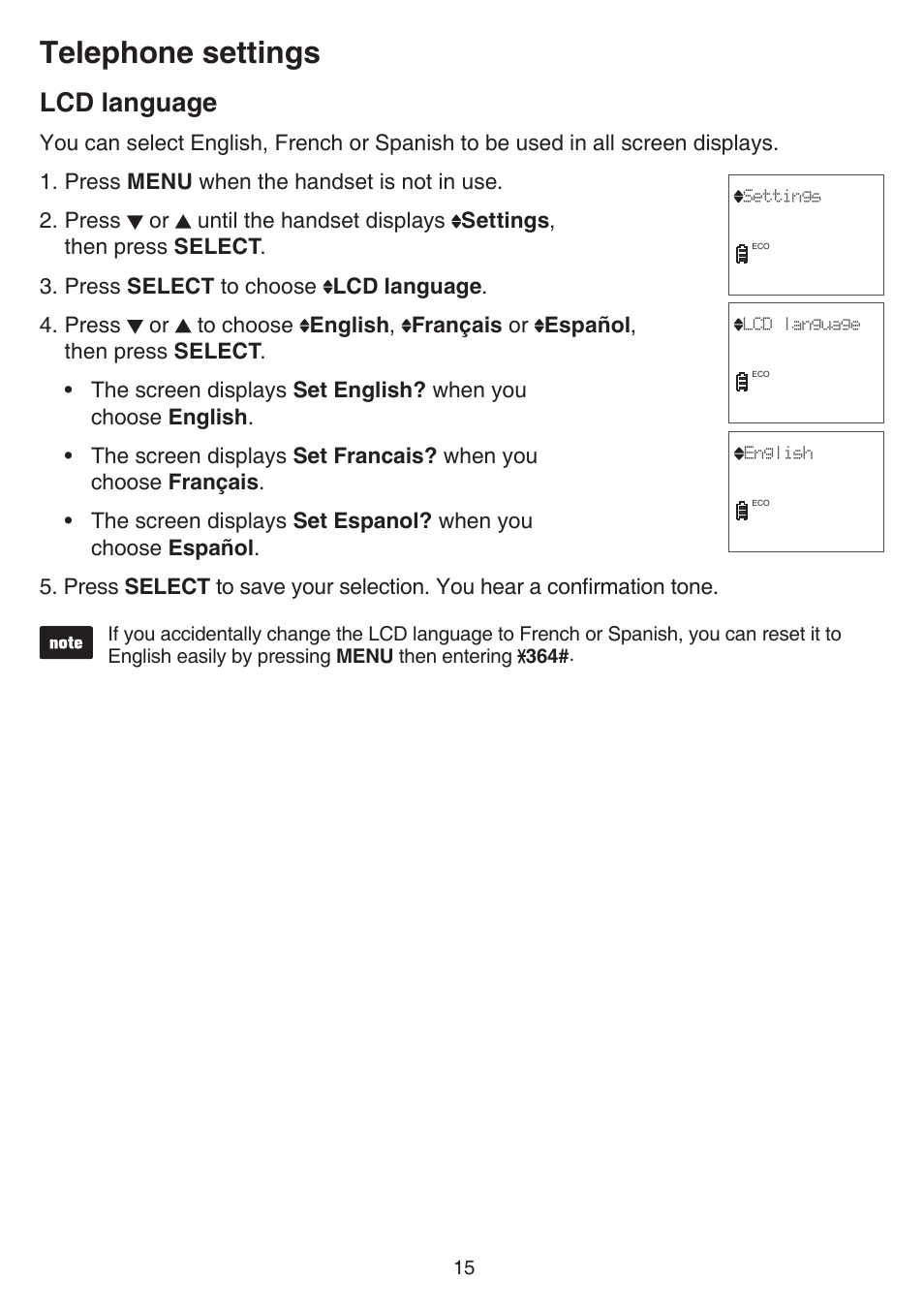 Lcd language, Telephone settings | VTech CS6529-4B Manual User Manual | Page 19 / 83