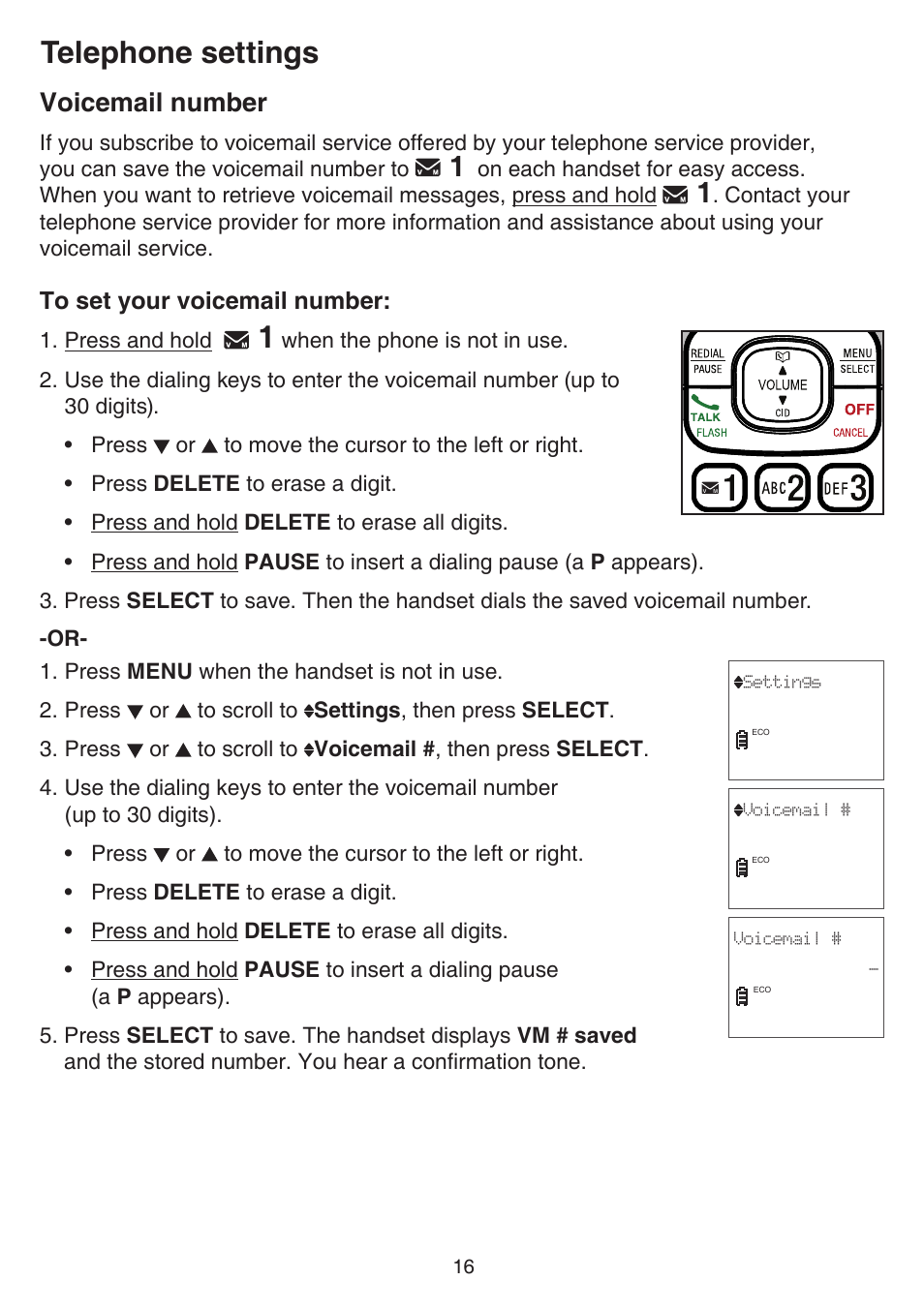 Voicemail number, Telephone settings | VTech CS6529-4B Manual User Manual | Page 20 / 83