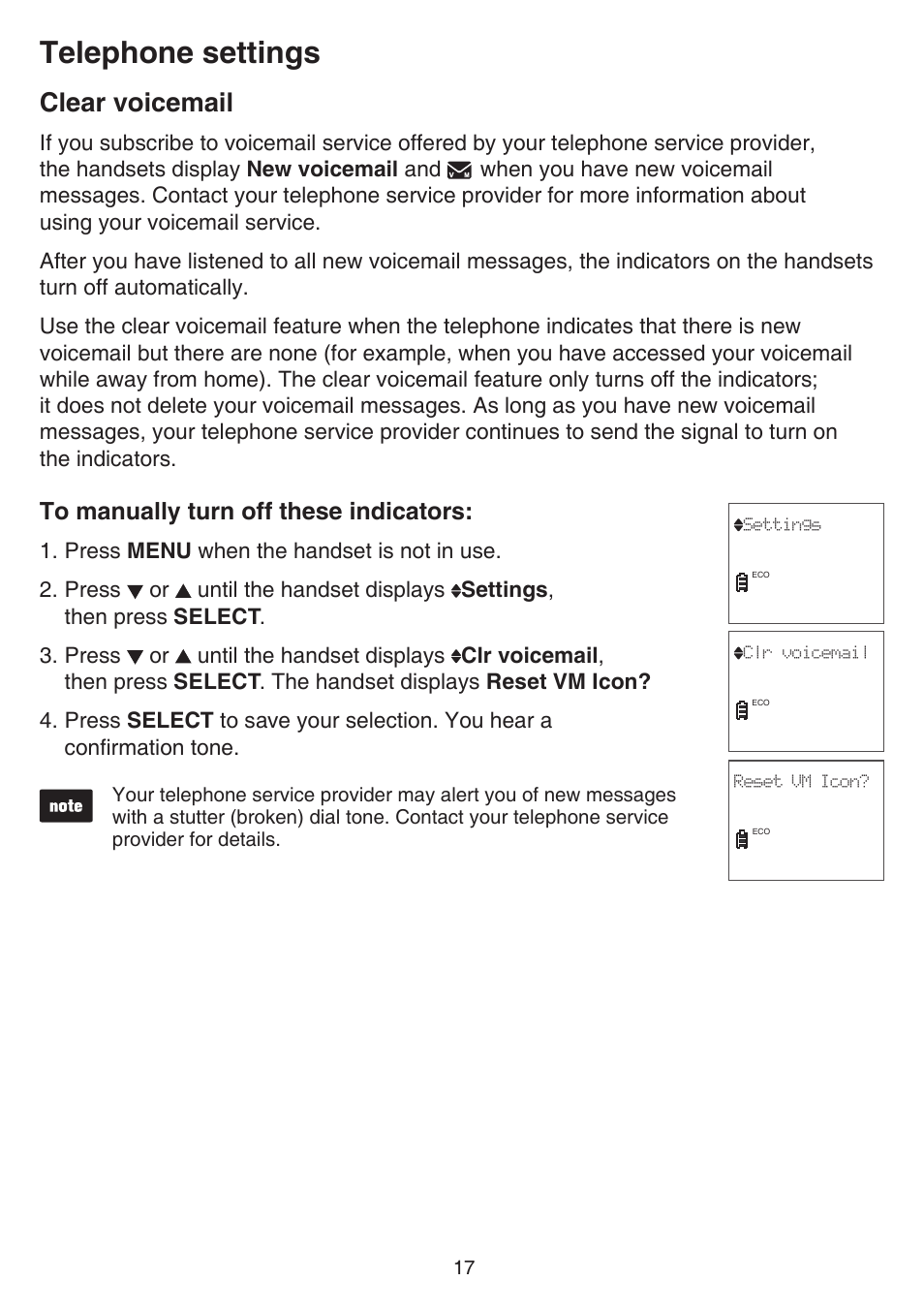 Clear voicemail, Telephone settings | VTech CS6529-4B Manual User Manual | Page 21 / 83