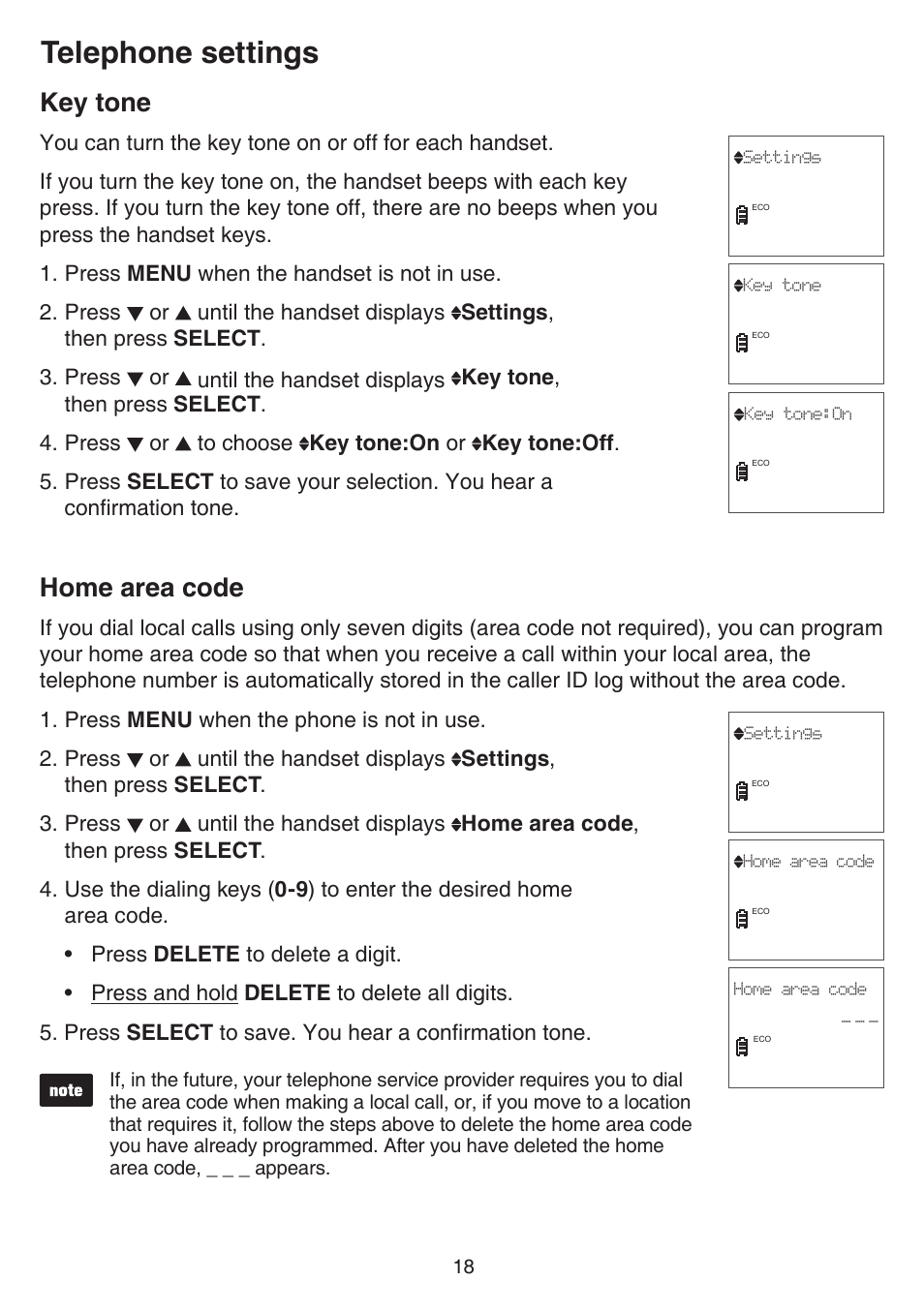 Key tone, Home area code, Key tone home area code | Telephone settings | VTech CS6529-4B Manual User Manual | Page 22 / 83