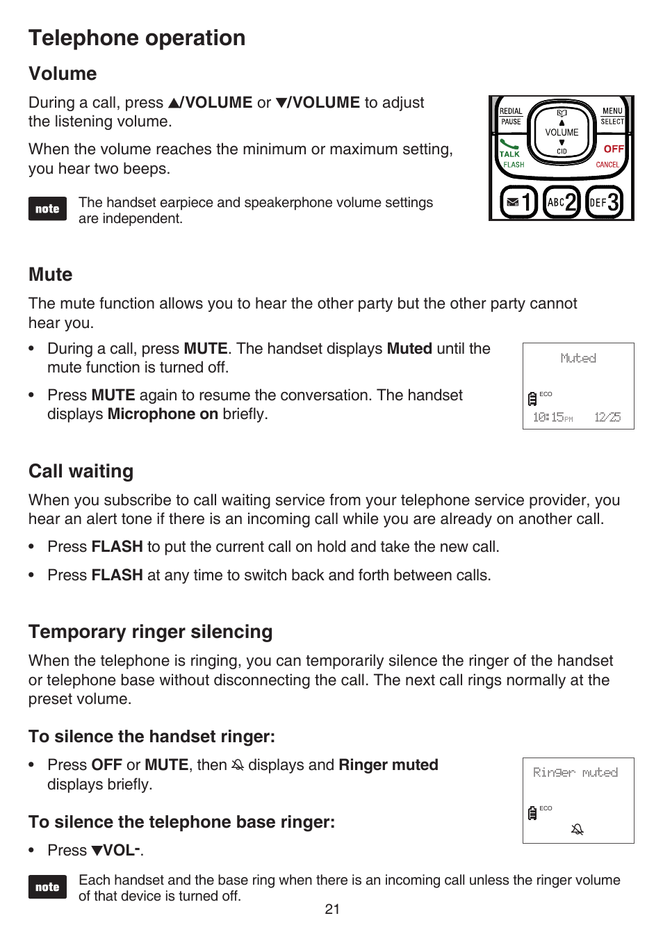 Volume, Mute, Call waiting | Temporary ringer silencing, Mute call waiting temporary ringer silencing, Telephone operation | VTech CS6529-4B Manual User Manual | Page 25 / 83