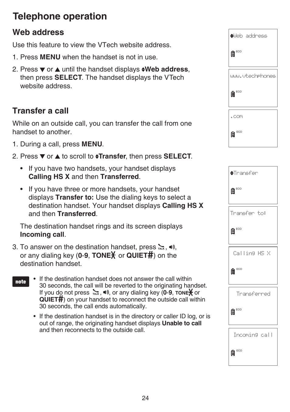 Web address, Transfer a call, Web address transfer a call | Telephone operation, On the destination handset | VTech CS6529-4B Manual User Manual | Page 28 / 83