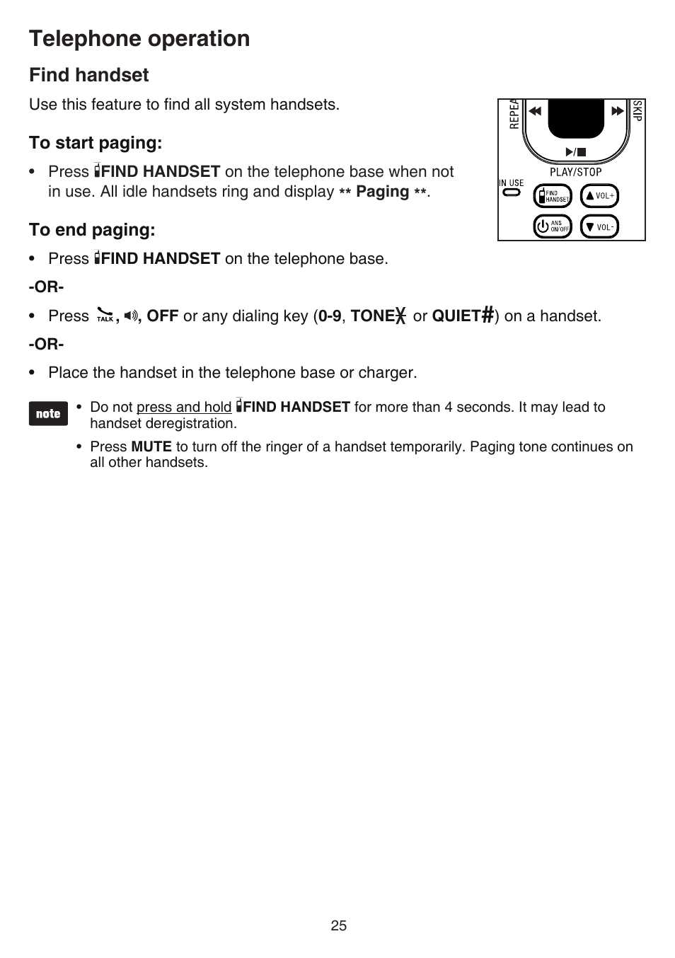 Find handset, Telephone operation | VTech CS6529-4B Manual User Manual | Page 29 / 83