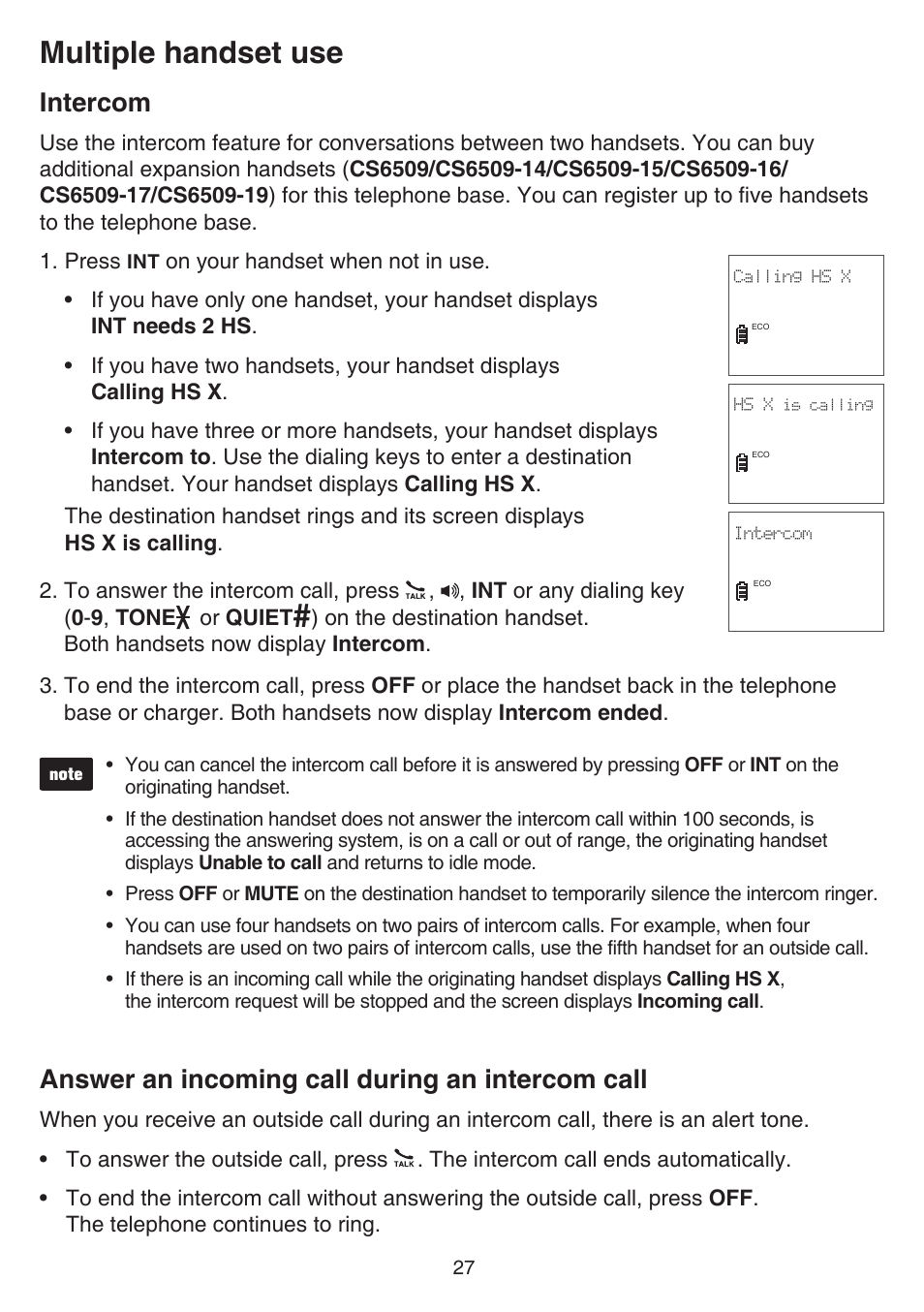 Intercom, Answer an incoming call during an intercom call, Intercom answer an incoming call during an | Intercom call, Multiple handset use | VTech CS6529-4B Manual User Manual | Page 31 / 83