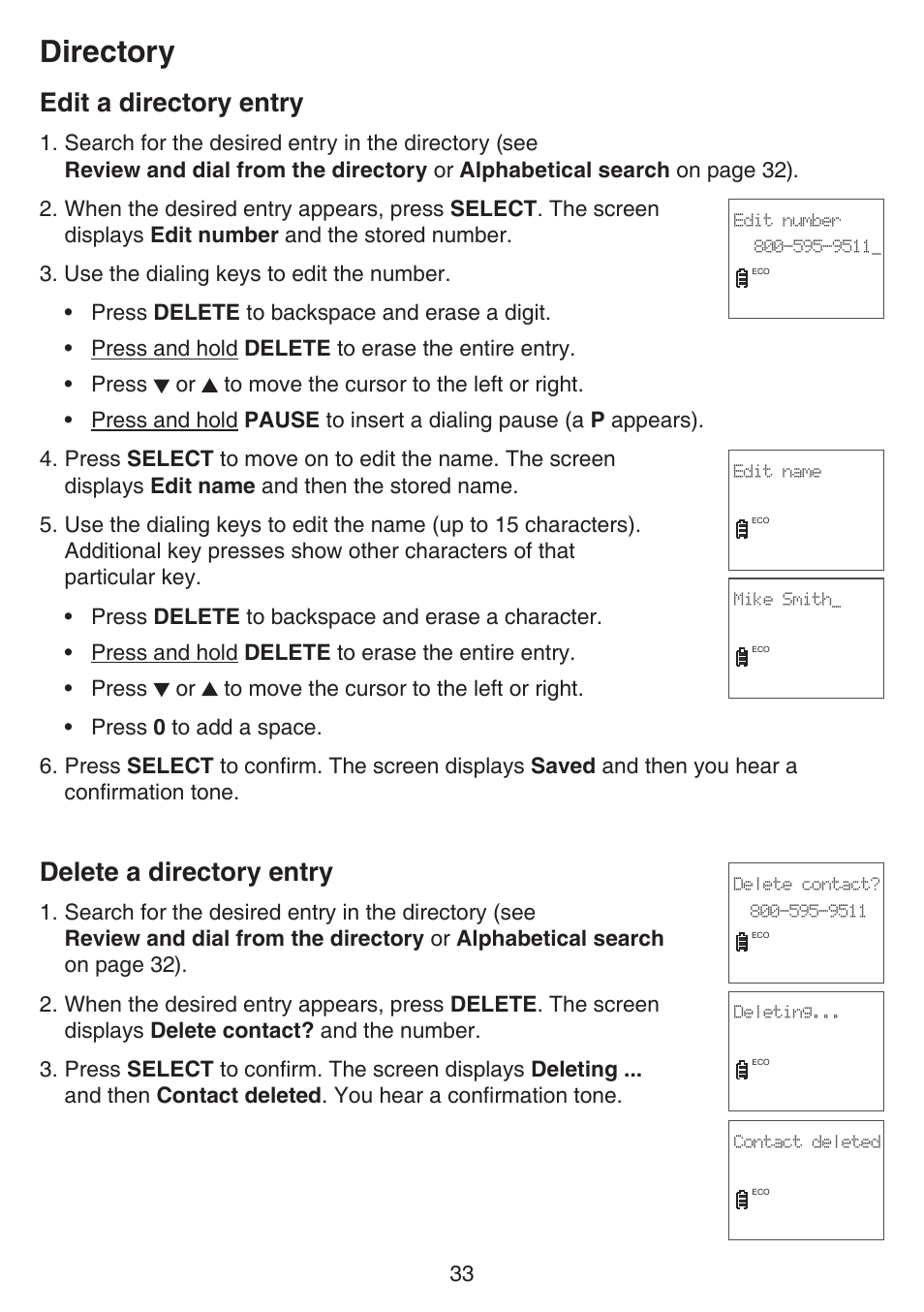 Edit a directory entry, Delete a directory entry, Edit a directory entry delete a directory entry | Directory | VTech CS6529-4B Manual User Manual | Page 37 / 83