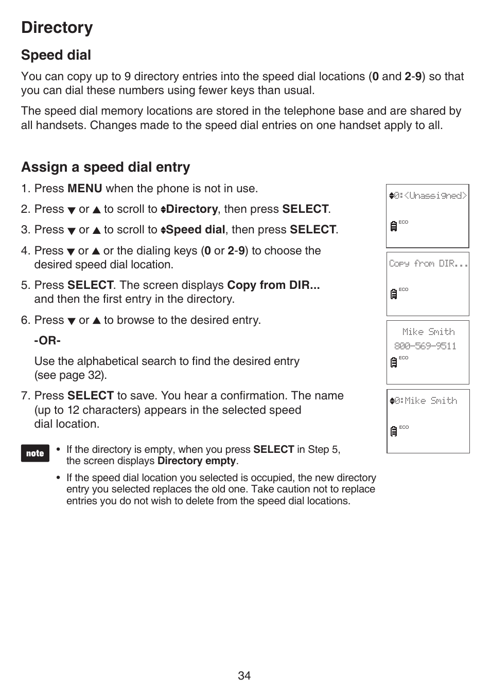 Speed dial, Assign a speed dial entry, Speed dial assign a speed dial entry | Directory | VTech CS6529-4B Manual User Manual | Page 38 / 83