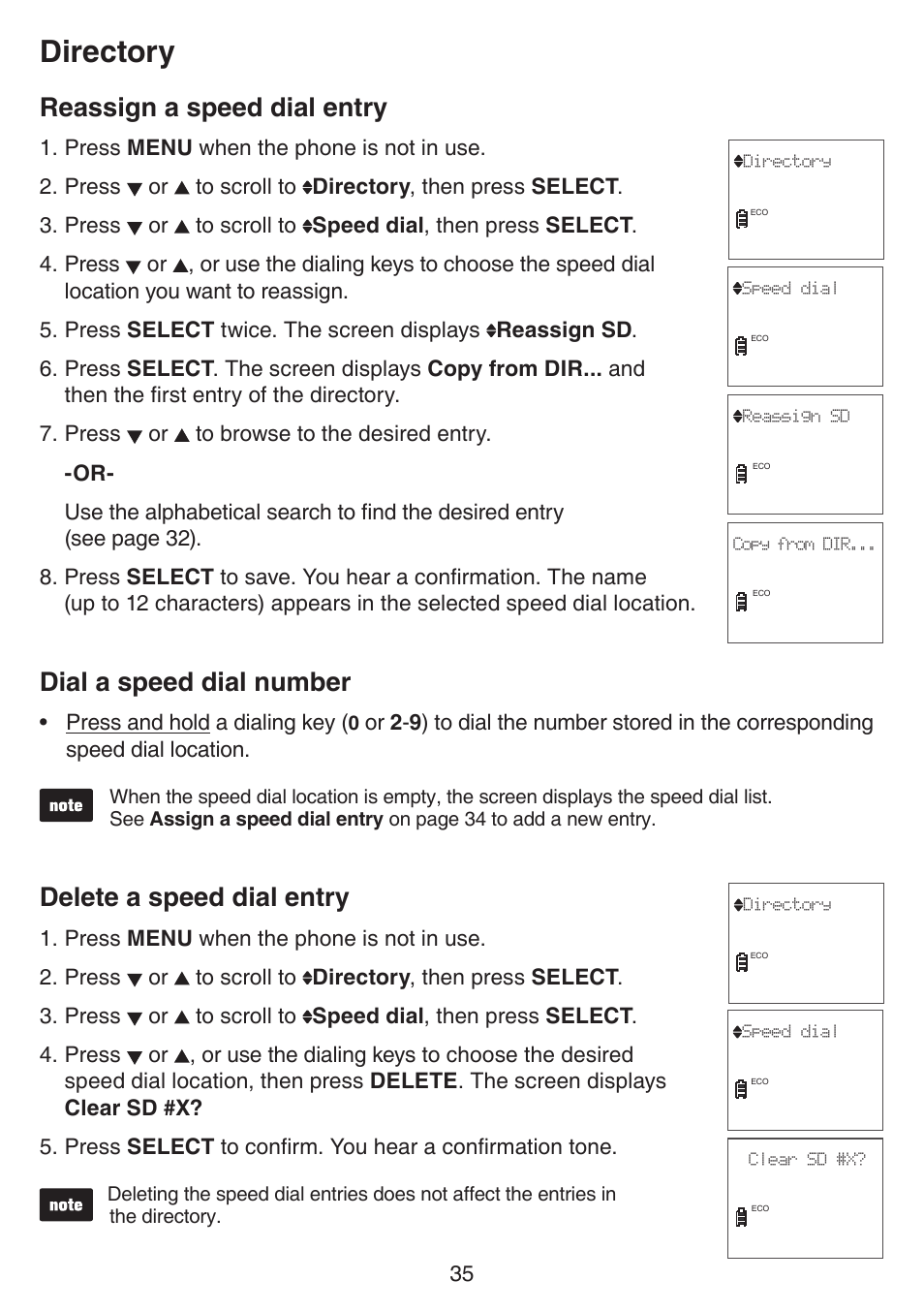 Reassign a speed dial entry, Dial a speed dial number, Delete a speed dial entry | Directory, Press and hold a dialing key | VTech CS6529-4B Manual User Manual | Page 39 / 83