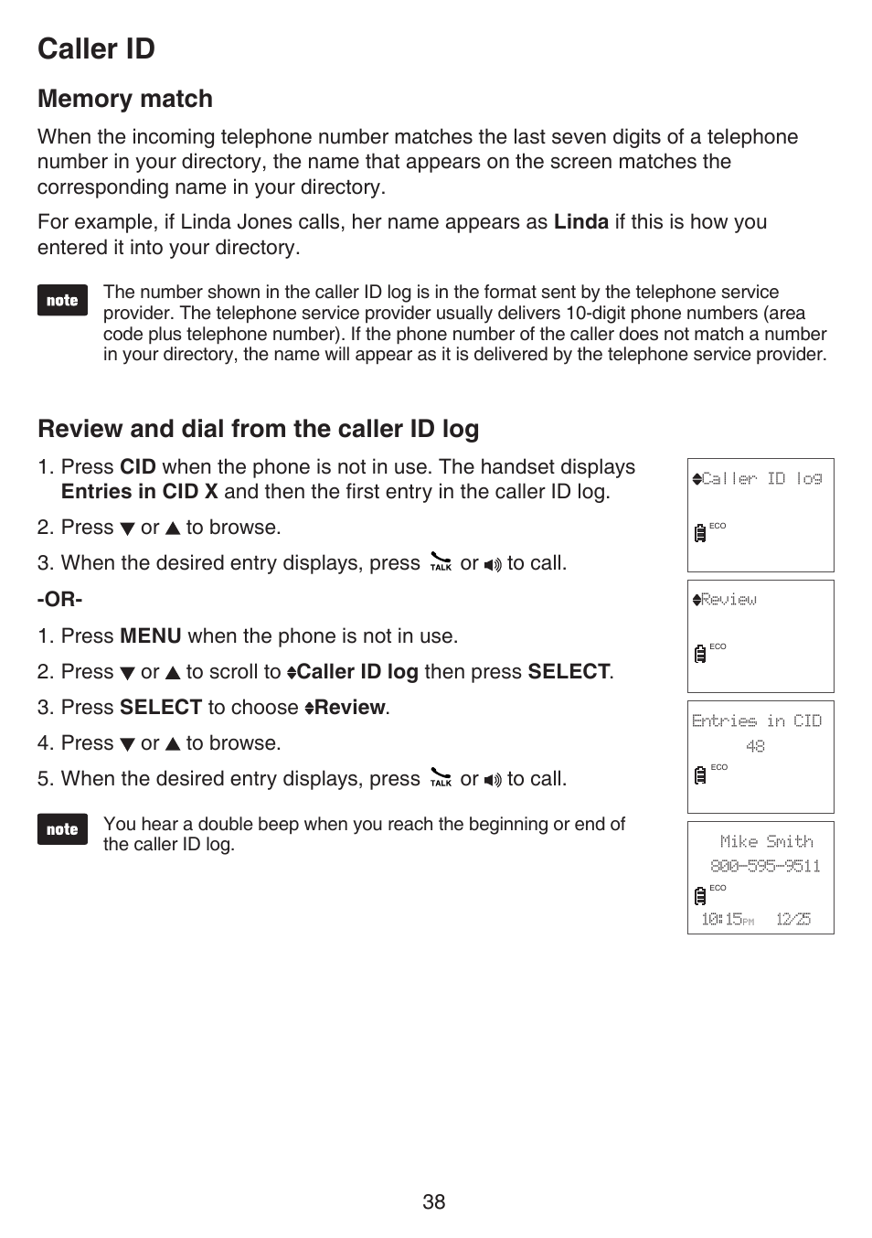 Memory match, Review and dial from the caller id log, Memory match review and dial from the | Caller id log, Caller id | VTech CS6529-4B Manual User Manual | Page 42 / 83