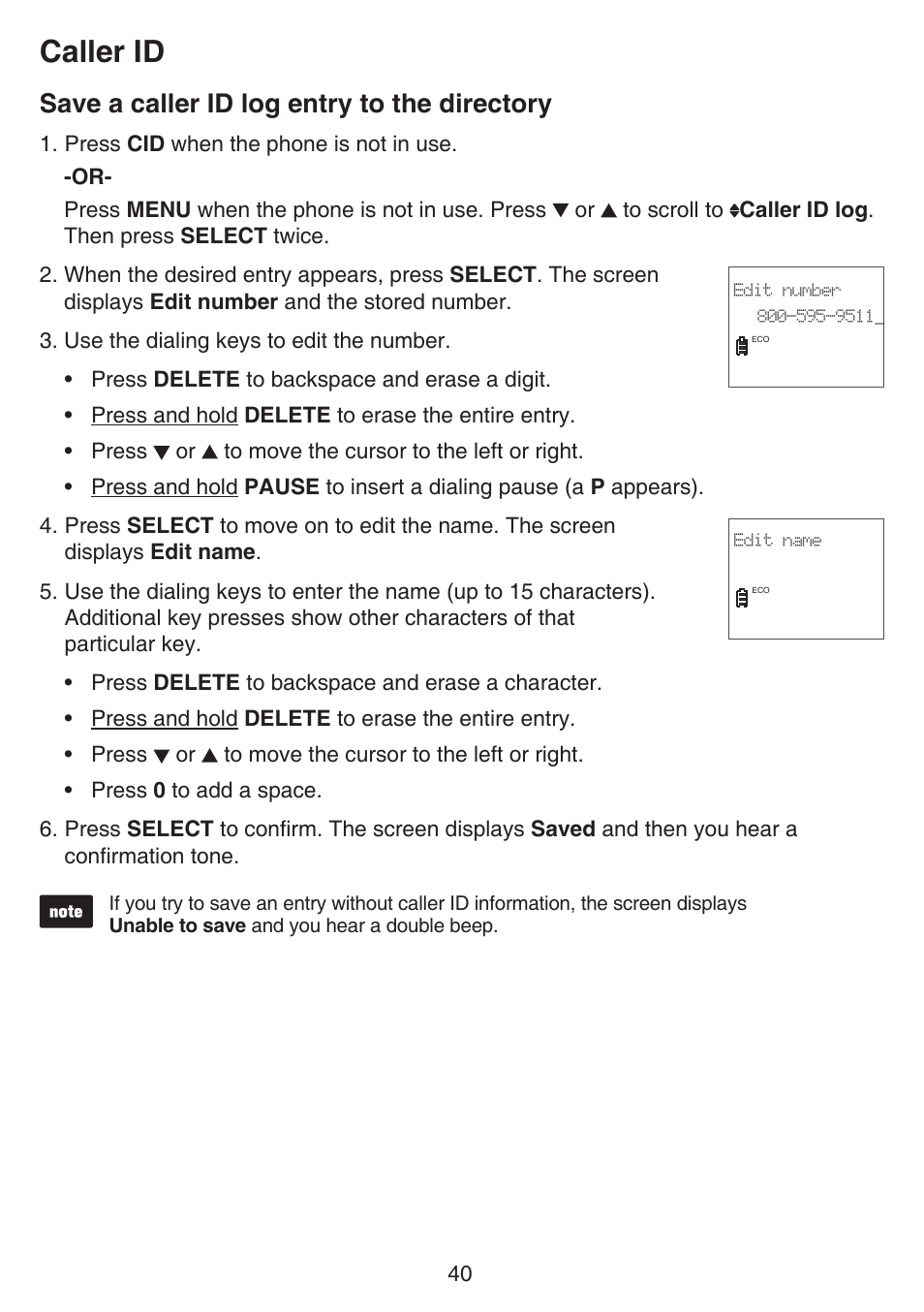 Save a caller id log entry to the directory, Save a caller id log entry to the, Directory | Caller id | VTech CS6529-4B Manual User Manual | Page 44 / 83