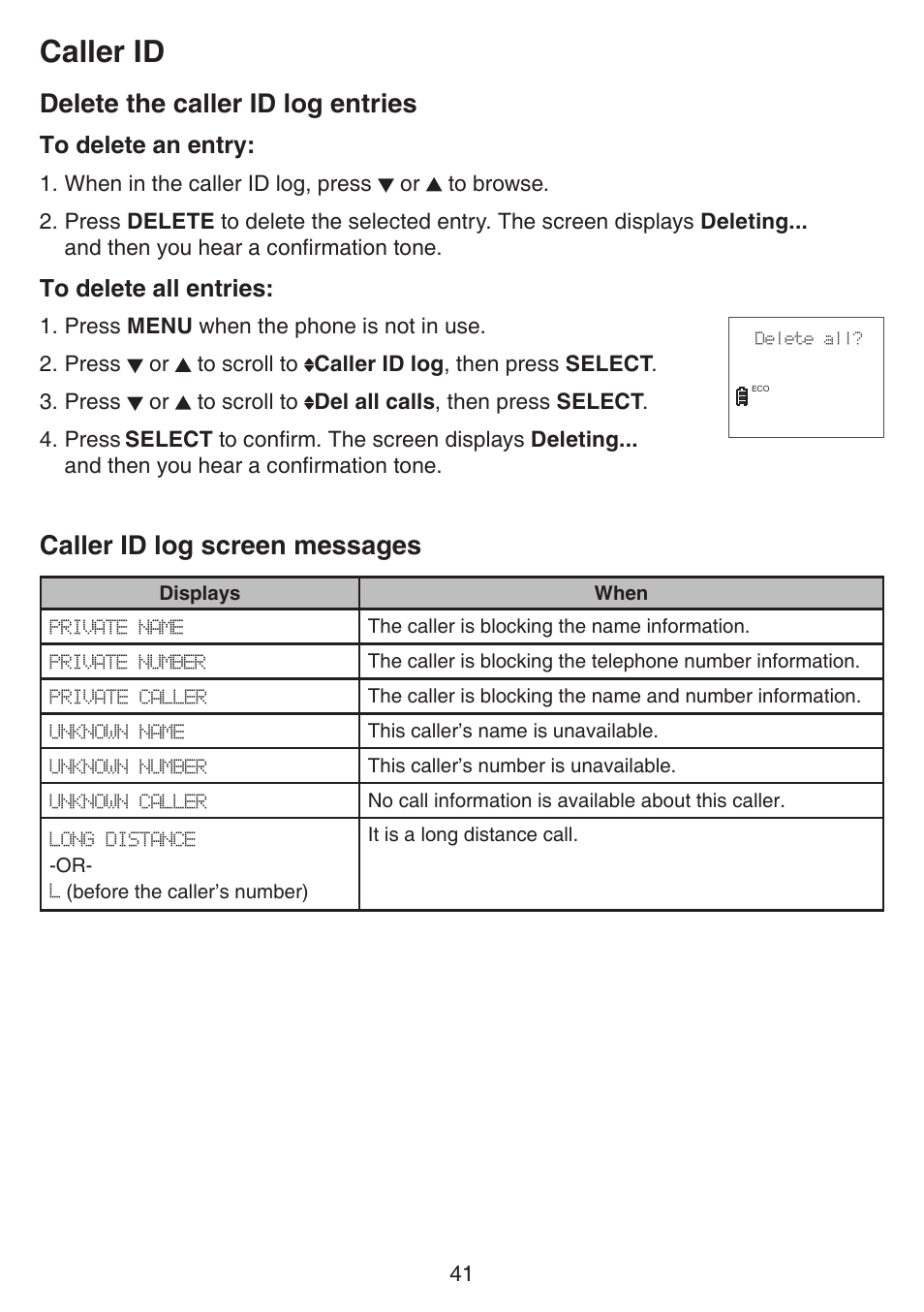 Delete the caller id log entries, Caller id log screen messages, Caller id | VTech CS6529-4B Manual User Manual | Page 45 / 83