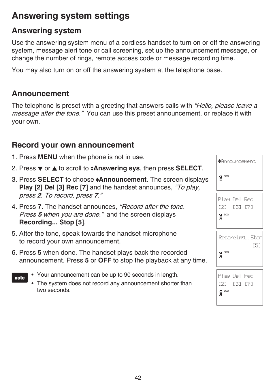 Answering system settings, Answering system, Announcement | Record your own announcement | VTech CS6529-4B Manual User Manual | Page 46 / 83