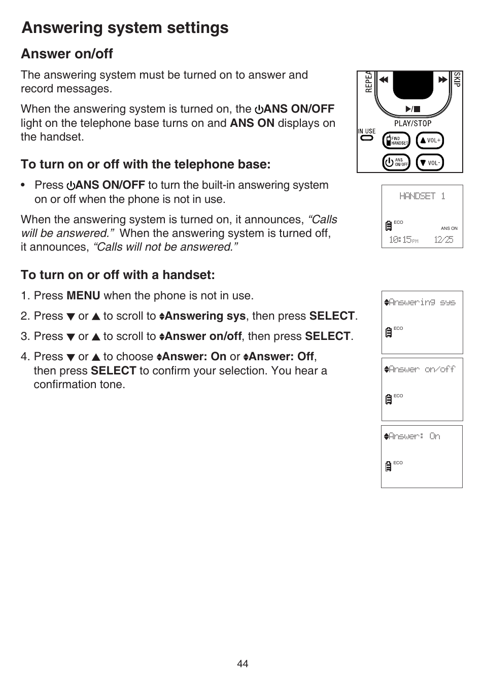 Answer on/off, Answering system settings | VTech CS6529-4B Manual User Manual | Page 48 / 83