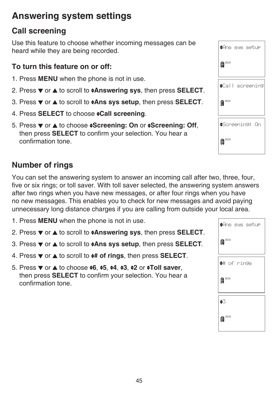 Call screening, Number of rings, Call screening number of rings | Answering system settings | VTech CS6529-4B Manual User Manual | Page 49 / 83