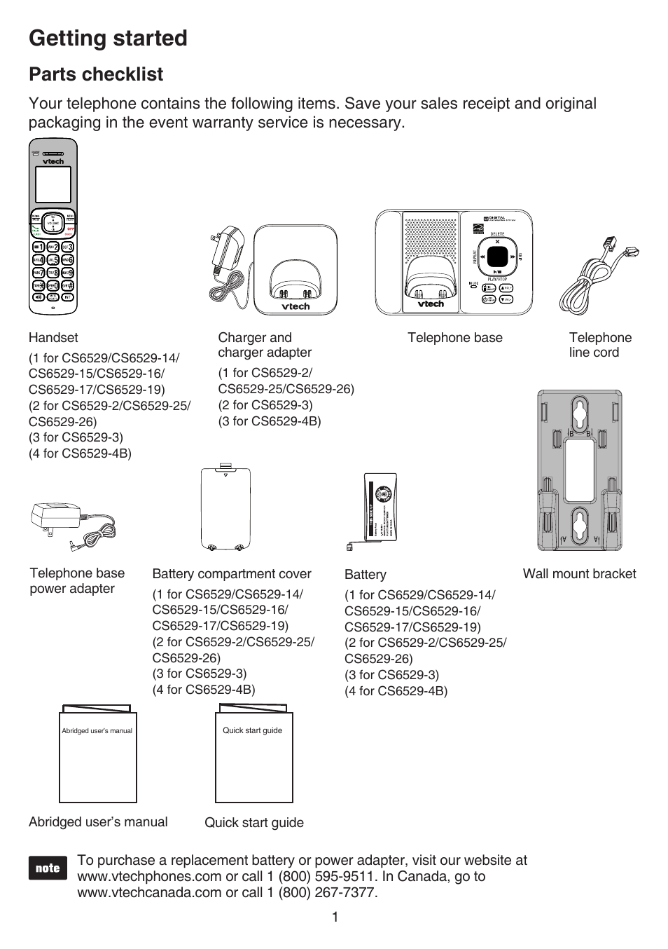 Getting started, Parts checklist | VTech CS6529-4B Manual User Manual | Page 5 / 83