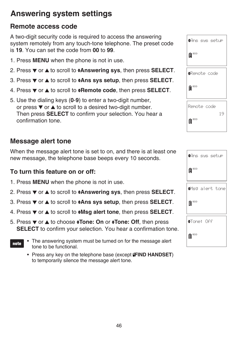 Remote access code, Message alert tone, Remote access code message alert tone | Answering system settings | VTech CS6529-4B Manual User Manual | Page 50 / 83