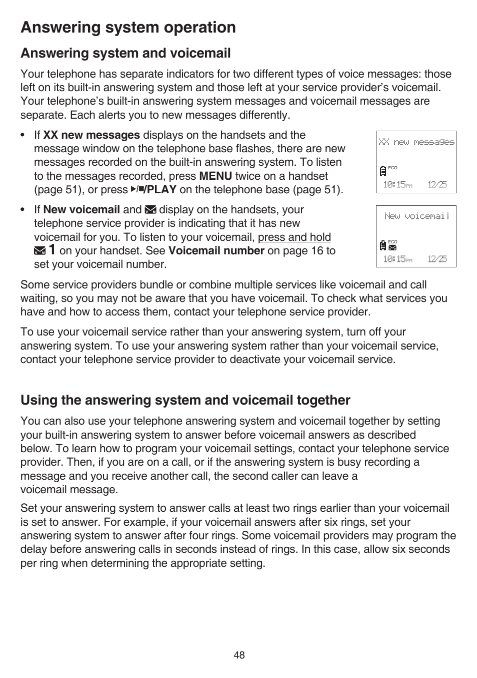 Answering system operation, Answering system and voicemail, Using the answering system and voicemail together | Voicemail together | VTech CS6529-4B Manual User Manual | Page 52 / 83