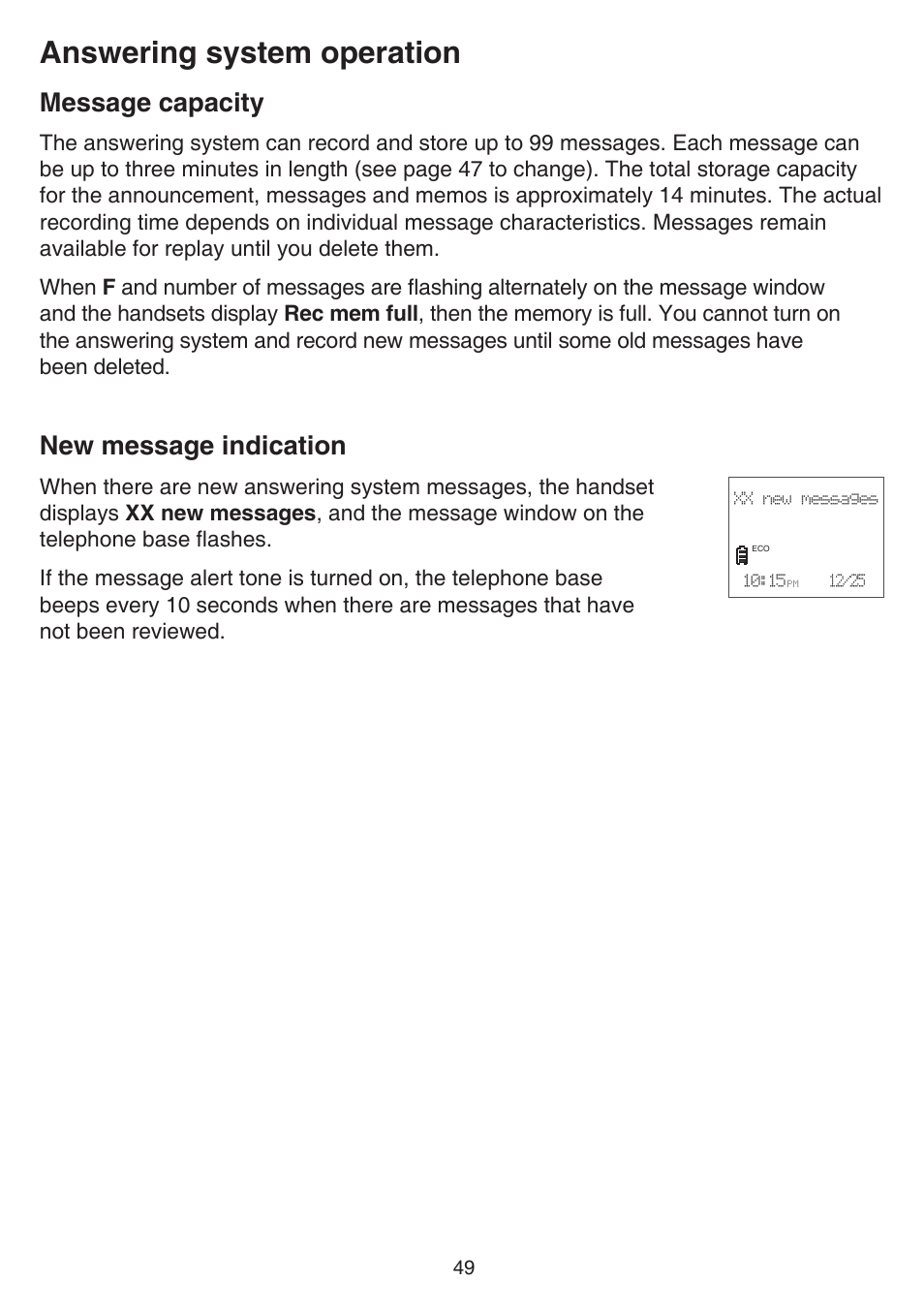 Message capacity, New message indication, Message capacity new message indication | Answering system operation | VTech CS6529-4B Manual User Manual | Page 53 / 83