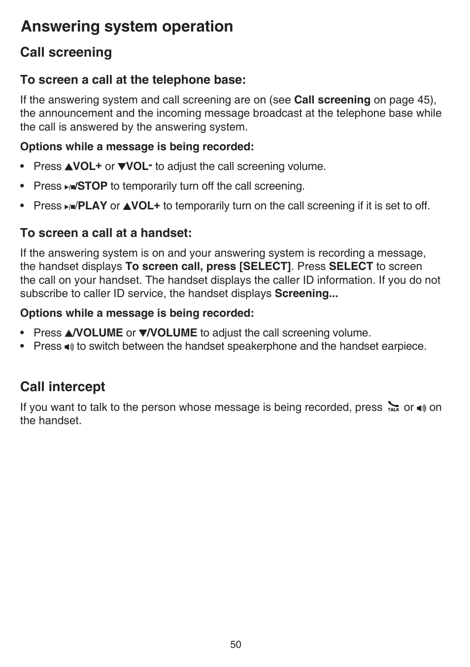 Call screening, Call intercept, Answering system operation | VTech CS6529-4B Manual User Manual | Page 54 / 83