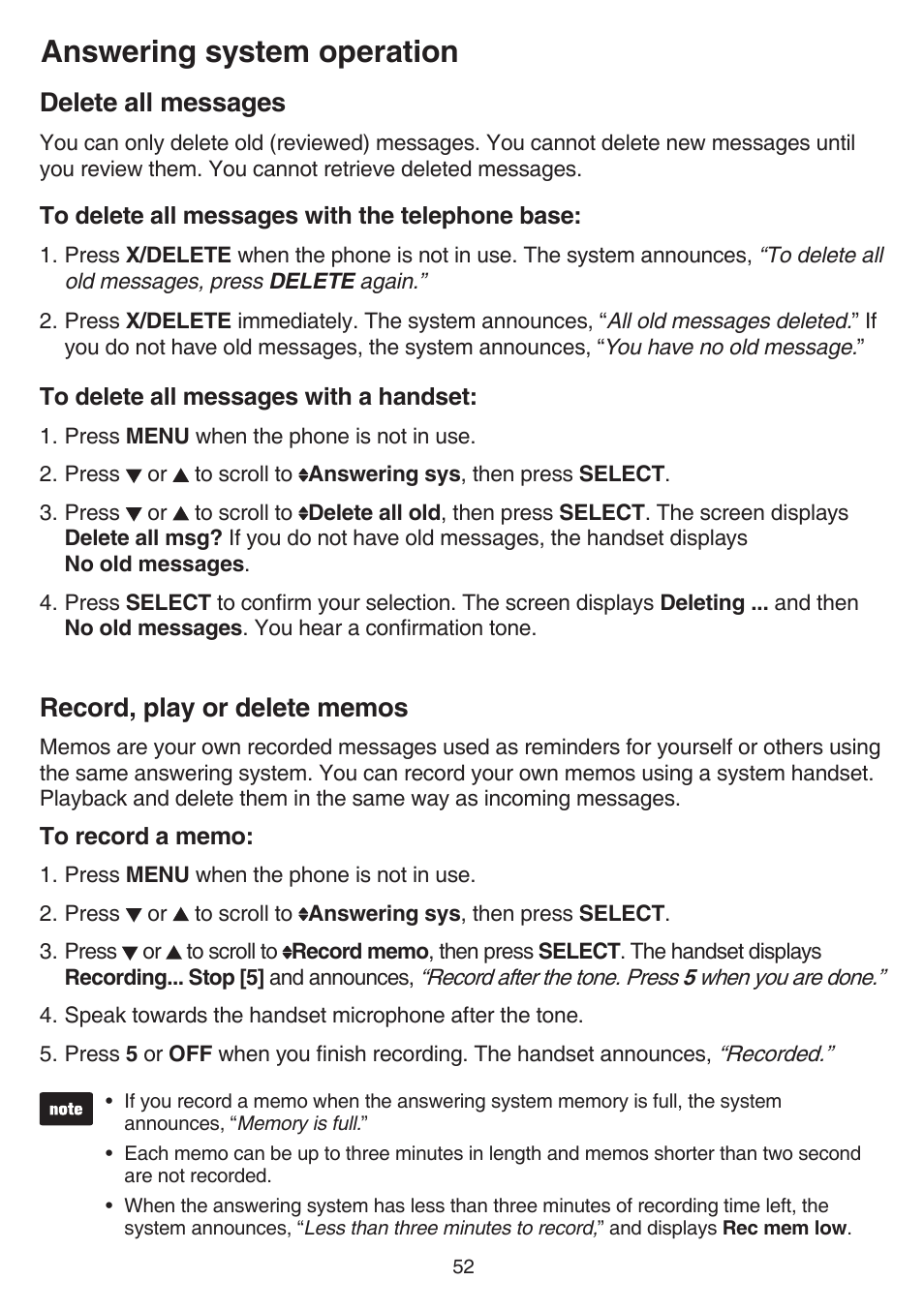 Delete all messages, Record, play or delete memos, Delete all messages record, play or delete memos | Answering system operation | VTech CS6529-4B Manual User Manual | Page 56 / 83