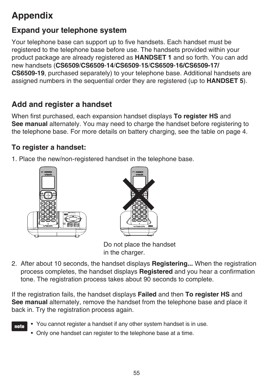 Appendix, Expand your telephone system, Add and register a handset | VTech CS6529-4B Manual User Manual | Page 59 / 83