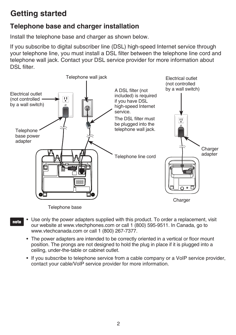 Telephone base and charger installation, Telephone base and charger, Installation | Getting started | VTech CS6529-4B Manual User Manual | Page 6 / 83