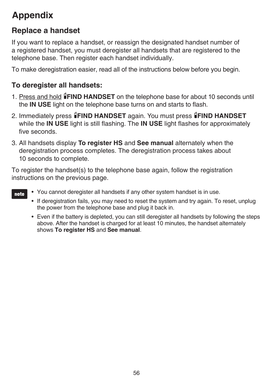 Replace a handset, Appendix | VTech CS6529-4B Manual User Manual | Page 60 / 83