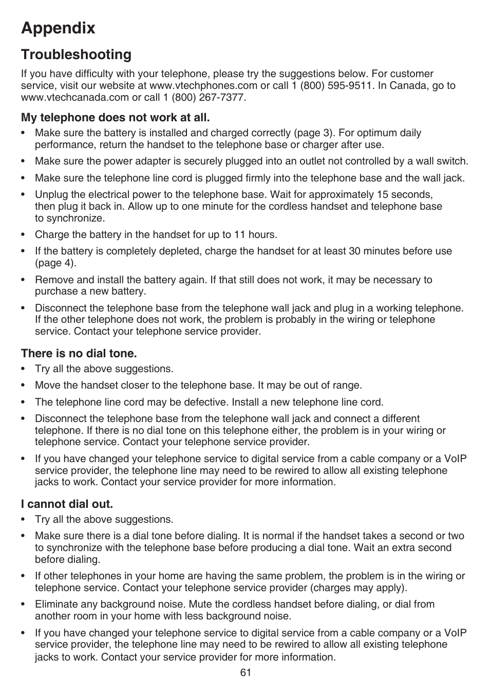 Troubleshooting, Appendix | VTech CS6529-4B Manual User Manual | Page 65 / 83