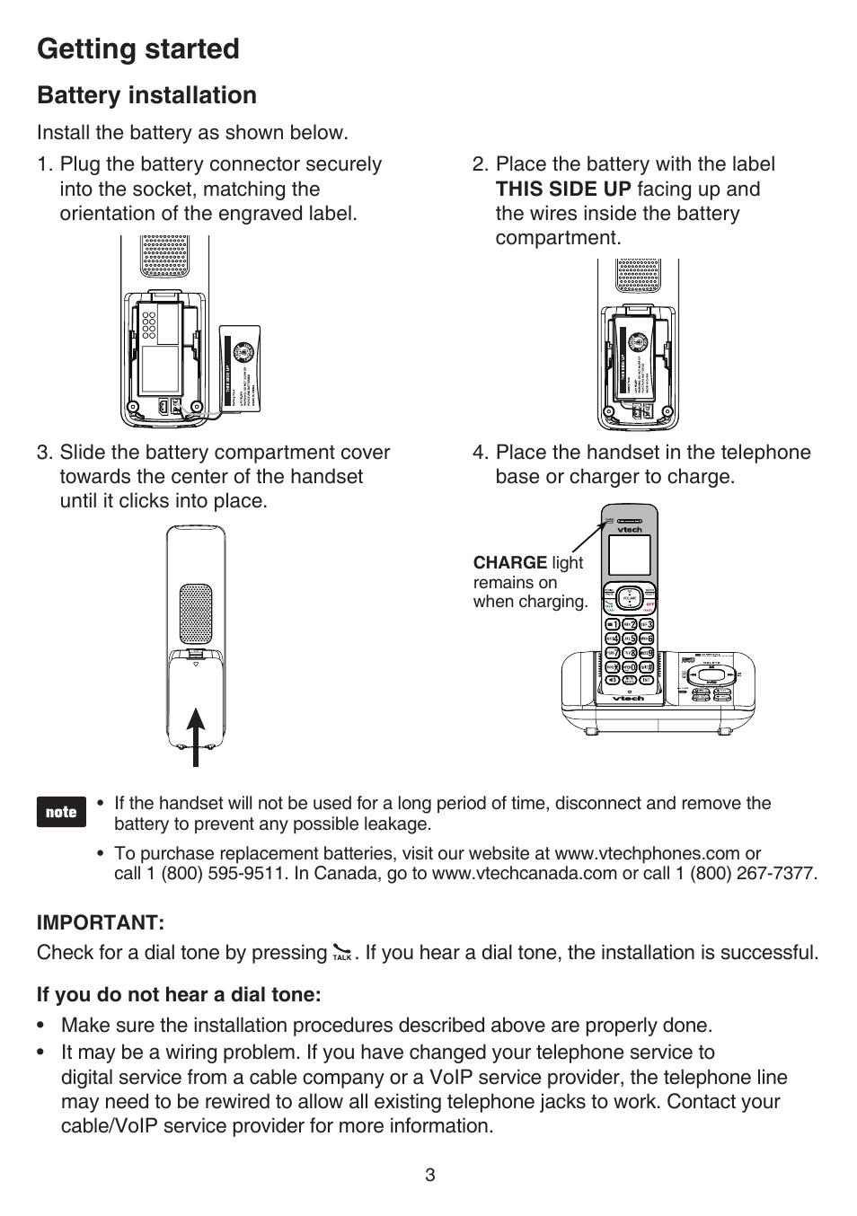 Battery installation, Getting started | VTech CS6529-4B Manual User Manual | Page 7 / 83