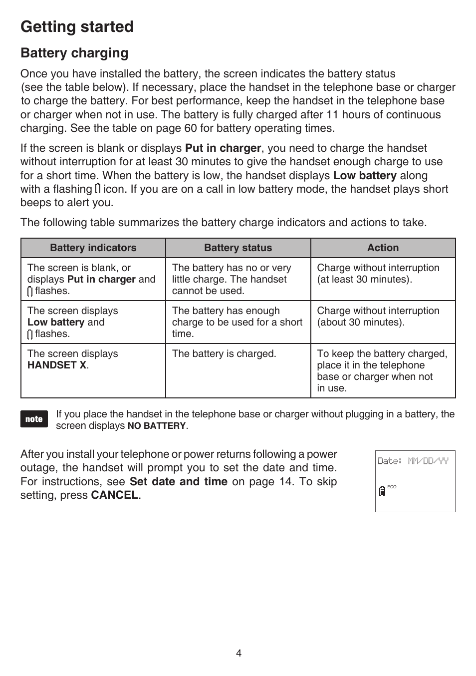 Battery charging, Getting started | VTech CS6529-4B Manual User Manual | Page 8 / 83