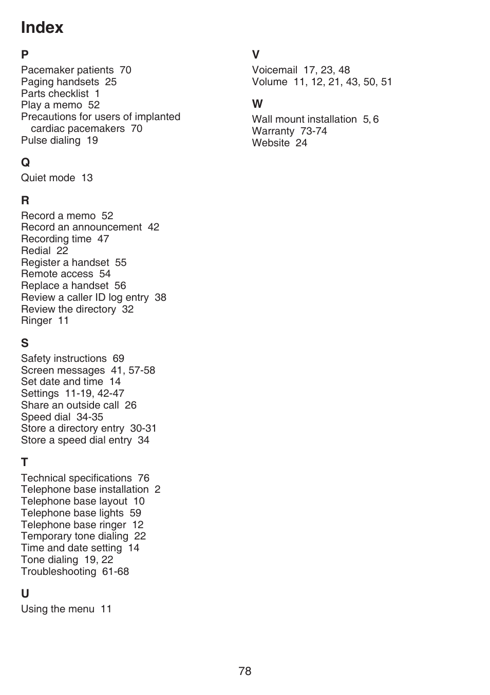 Index | VTech CS6529-4B Manual User Manual | Page 82 / 83