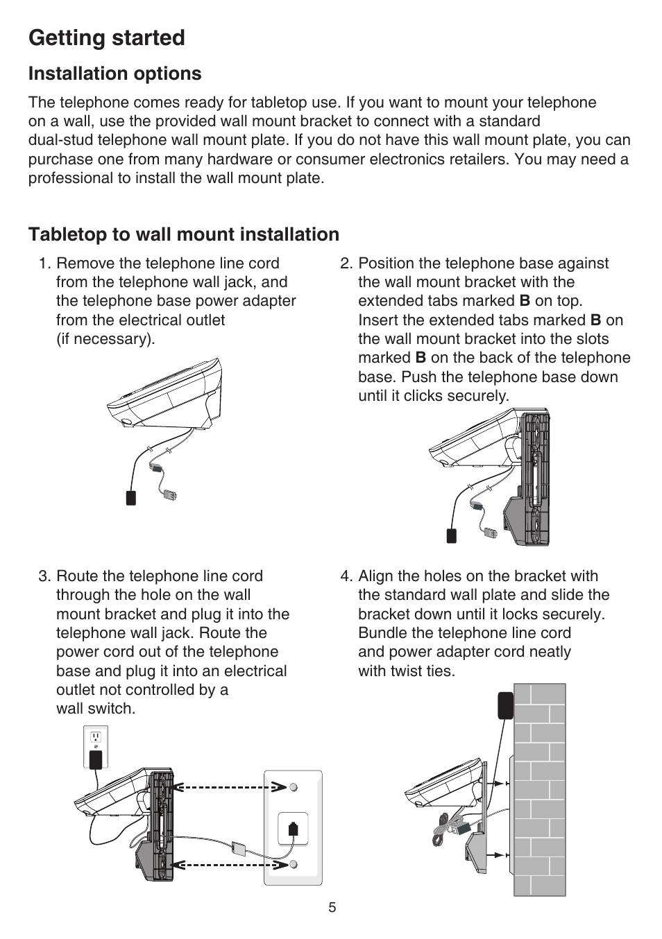 Installation options, Getting started, Tabletop to wall mount installation | VTech CS6529-4B Manual User Manual | Page 9 / 83